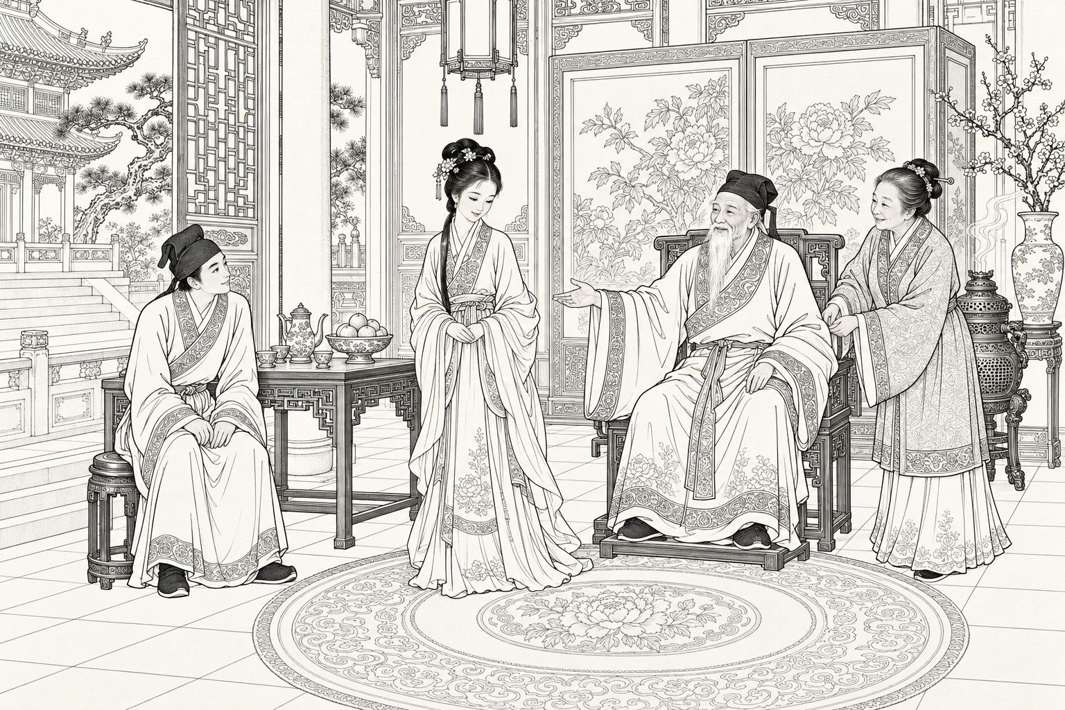 A line drawing in the manner of a late-Qing lithographed edition: in a grand hall with a peony screen, an old white-bearded man in a chair gestures toward a smiling young woman who stands with lowered eyes and clasped hands, an older woman at his side; a young scholar sits at the left beside a low table with teapot and fruit, gazing at her in silence.