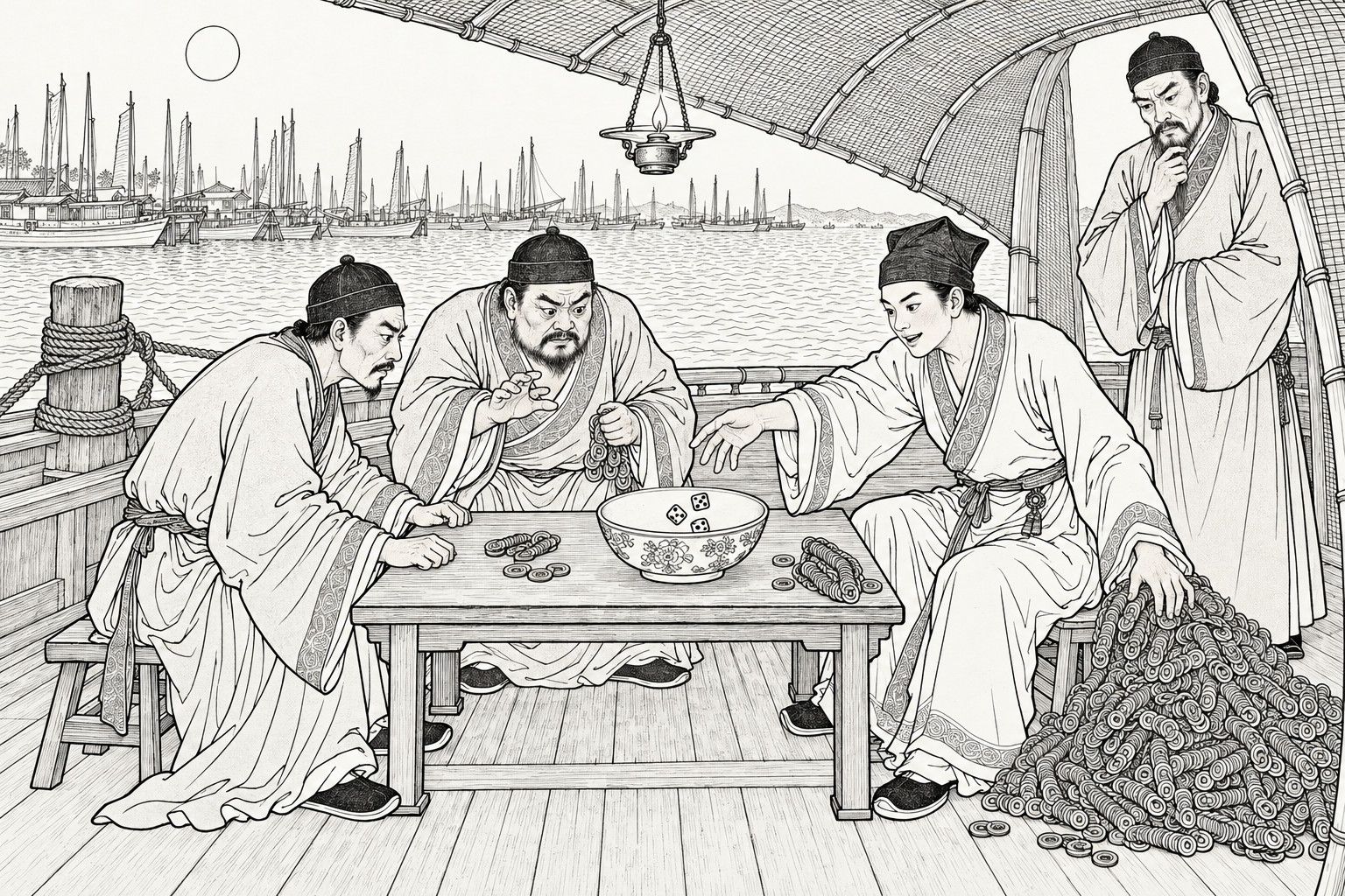 A line drawing in the manner of a late-Qing lithographed edition: on the deck of a moored boat under a woven mat awning at night, a young scholar and two gamblers crouch around a low table with a bowl of dice, a great heap of strings of copper cash piled beside the scholar, while an older merchant stands in the awning's opening, hand at his beard, watching; a hanging lamp, a mooring post, the water, and a forest of masts under a pale moon fill the background.