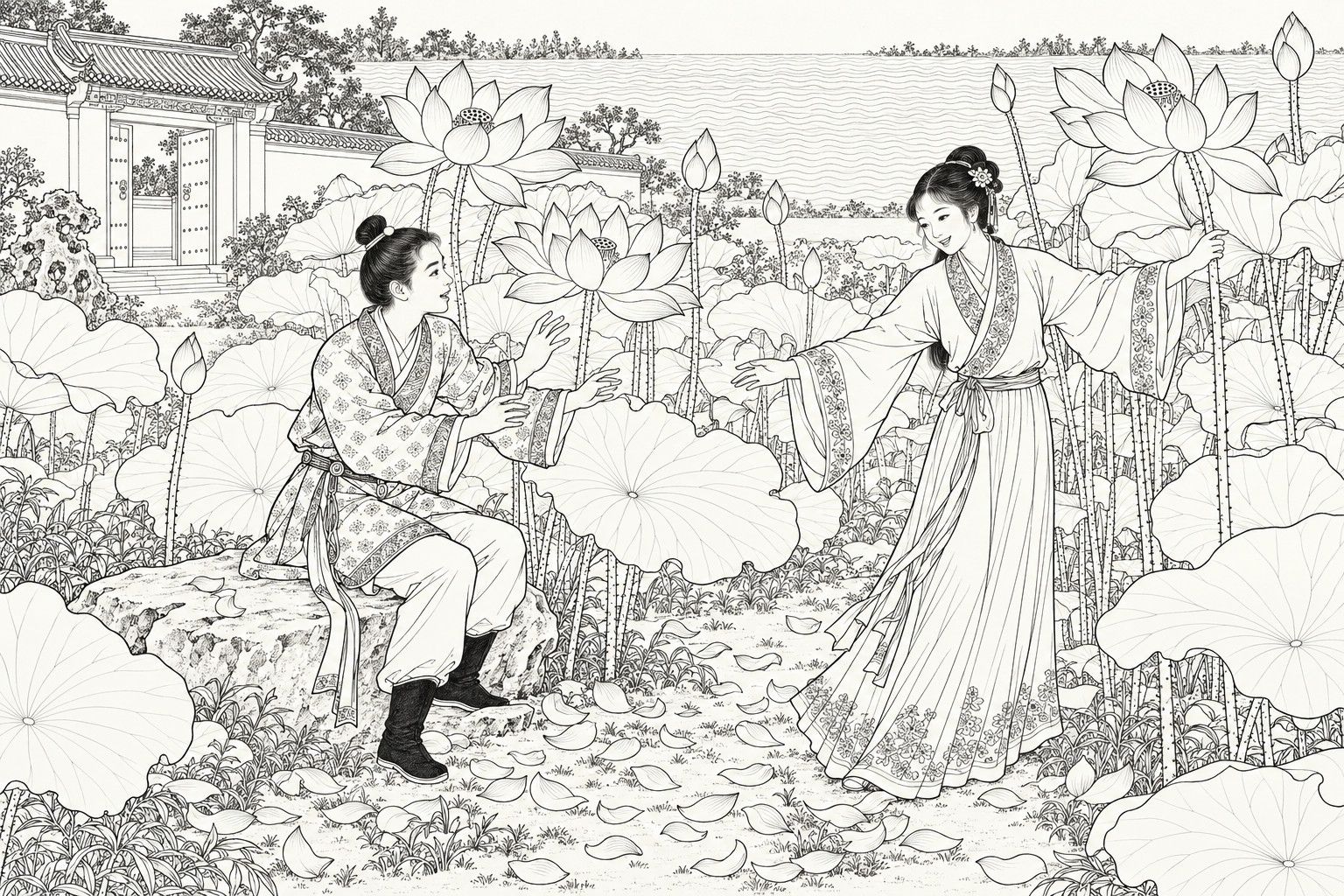 仿清末石印本的線描：夏日傍晚的荷花園中，坐在扁石上的少年驚喜地抬起雙手，身著寬袖長裙的少女含笑走來，一手扶著荷莖、一手伸向他，四周是巨大的荷葉荷花和滿地落瓣，左後有開著雙扉的宮牆，遠處是水面。