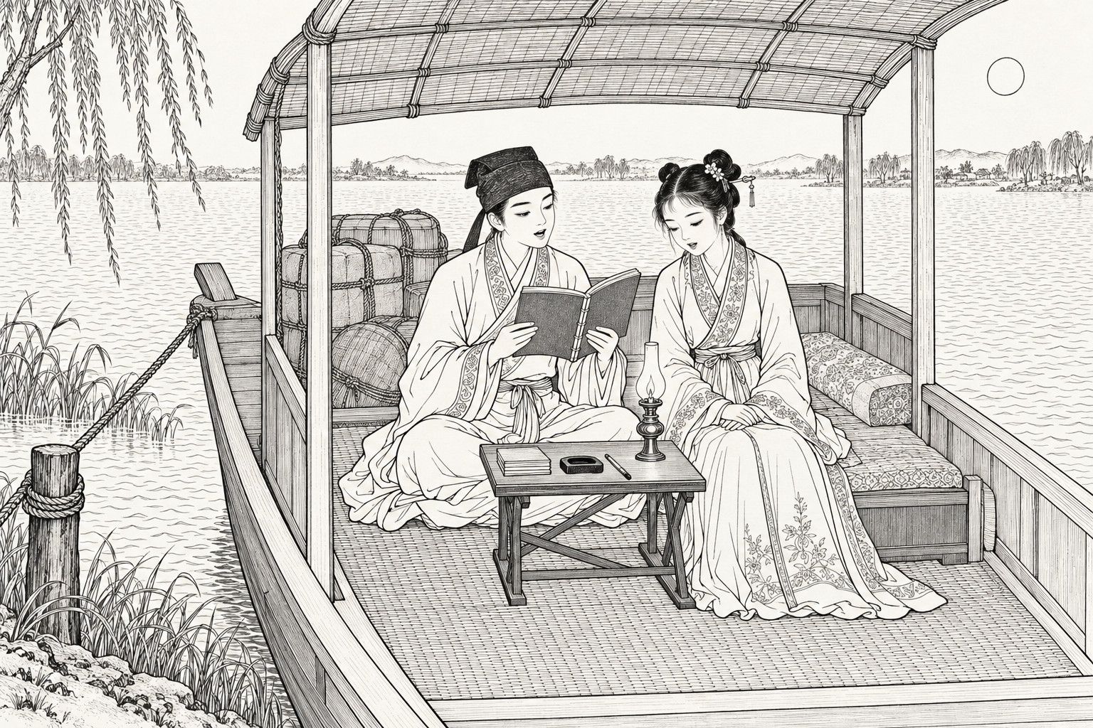 仿清末石印本的線描：夜裡停在湖岸的船篷下，青年書生盤腿坐著，捧著線裝書朗讀；身旁簪花的年輕女子端坐，低著眼輕聲跟讀；兩人之間的矮桌上放著一盞小油燈、硯臺和筆；身後堆著貨包，船外是平靜的湖水。