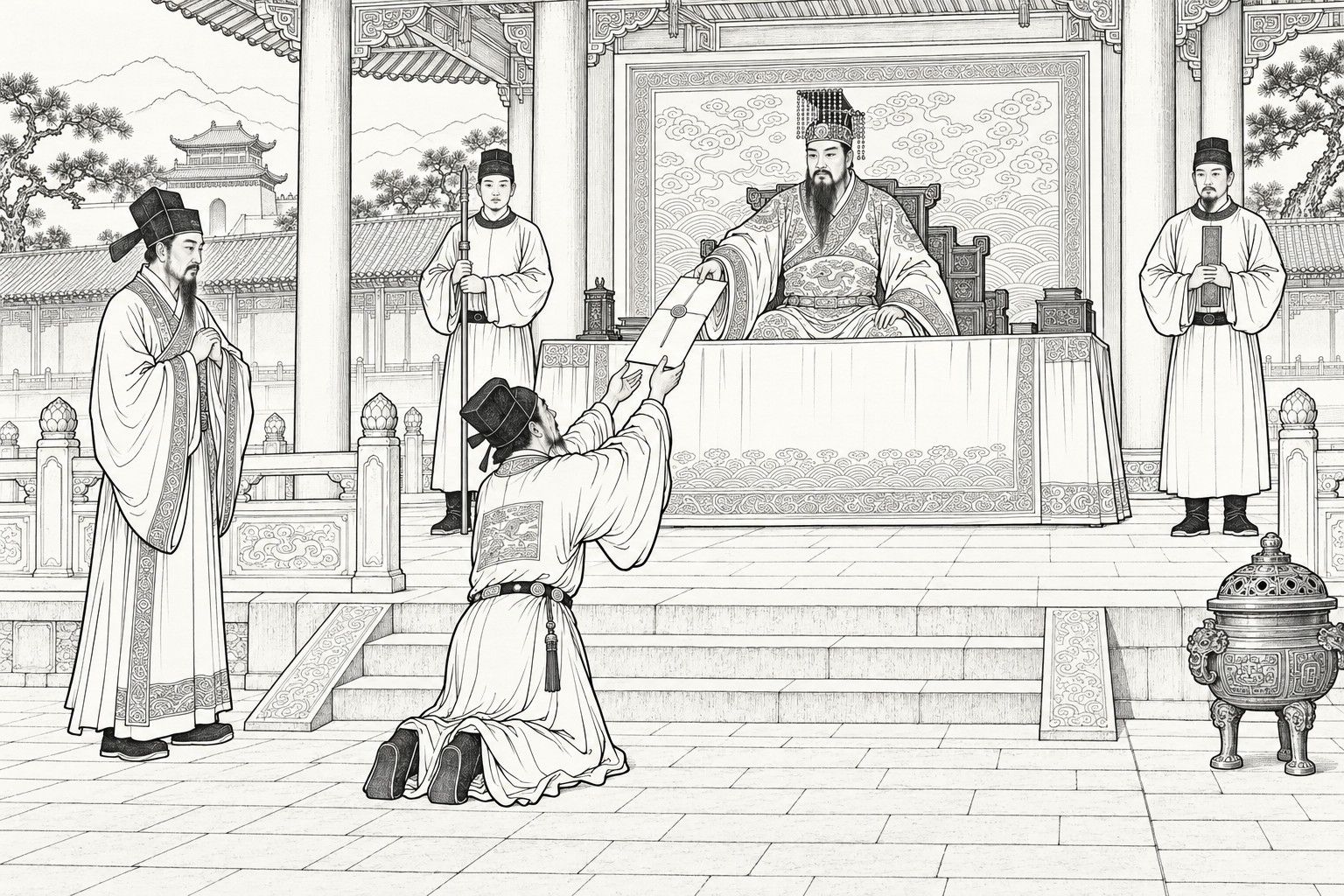 仿清末石印本的线描：白昼山中衙署正堂，戴珠冠的王者端坐高台长案后，伸手递出一只大封函，阶下官员跪在石板地上双手高举来接，左侧衣冠者拱手而立，两旁侍从一持杖一执笏板，近处有铜香炉与石栏，背后是松树和门楼。