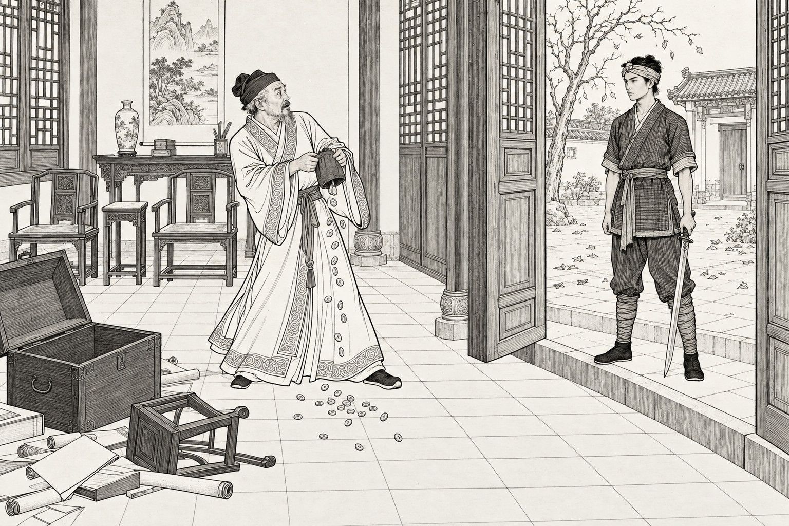 A line drawing in the manner of a late-Qing lithographed edition: In the main hall of a looted house by day in autumn, a grey-bearded older man in a long wide-sleeved gown steps back in alarm, holding a cloth purse upside down so coins spill onto the brick floor, while a slim young man with a headband, short jacket and wrapped leggings stands silently in the open doorway with a sword hanging point-down, with an empty open chest, a toppled stool and scattered scrolls in the foreground and a bare tree in the courtyard beyond.
