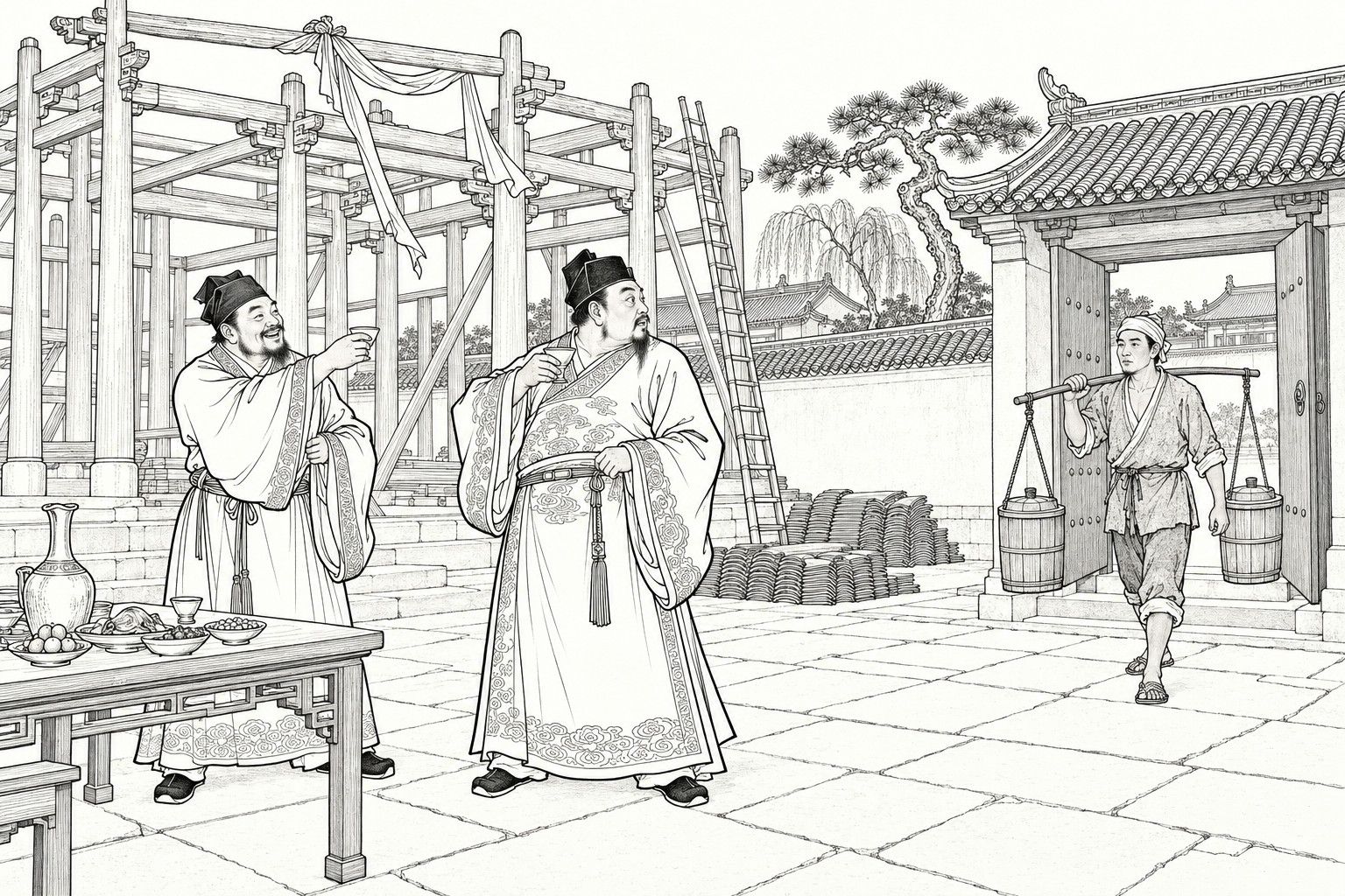 A line drawing in the manner of a late-Qing lithographed edition: In a rich household's courtyard by the bare timber frame of a new hall, a stout official in a square cap and wide-sleeved robe, cup in hand, turns his head toward the gate, while a laughing guest beside a laden feast table raises a cup to toast him and a plain oil seller with a shoulder pole and two buckets walks in through the open gate.
