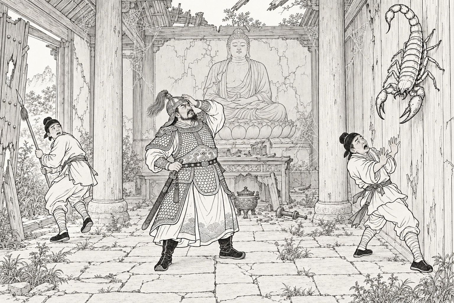 A line drawing in the manner of a late-Qing lithographed edition: inside a ruined, weed-grown Buddha pavilion by day, a armoured general presses one hand to his forehead and grips his sword with the other as he looks up at a huge scorpion crawling down a wooden wall, while one soldier with a spear turns to flee through the broken doorway and another shrinks back with raised hands, before a cracked clay Buddha, a broken altar and cobwebbed beams.