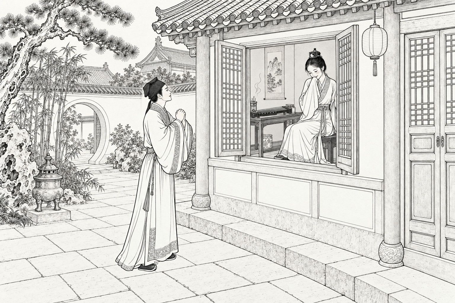 A line drawing in the manner of a late-Qing lithographed edition: in the inner courtyard of a Daoist convent, a young scholar in a soft cap and wide-sleeved gown stands on the flagstones with his hands joined in a bow, looking up at a young Daoist nun who sits shyly smiling inside an open lattice window beside a zither table, with a moon gate, bamboo, an old pine, a garden rock and a stone incense burner behind him.