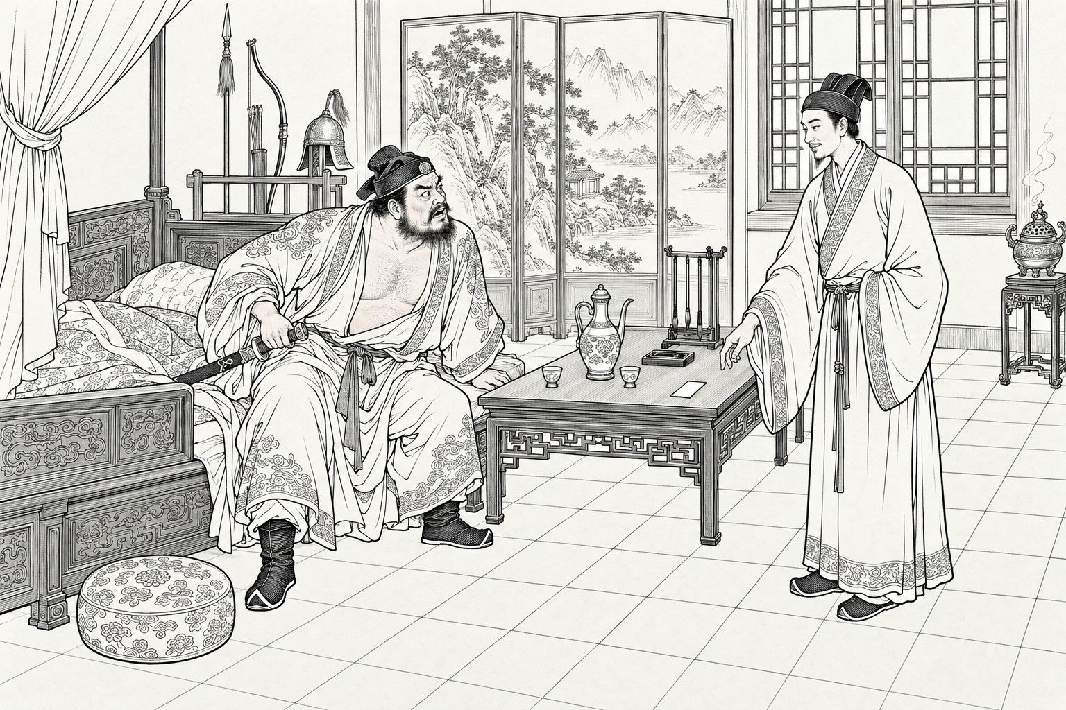 A line drawing in the manner of a late-Qing lithographed edition: in a bedchamber furnished with a carved couch, a low table and a landscape screen, a stout bearded officer in a half-open robe sits on the edge of his couch gripping a half-drawn sword and glaring in startled anger, while a slender, smiling clerk in a long gown stands beside the table, having just dropped a small visiting card onto it.