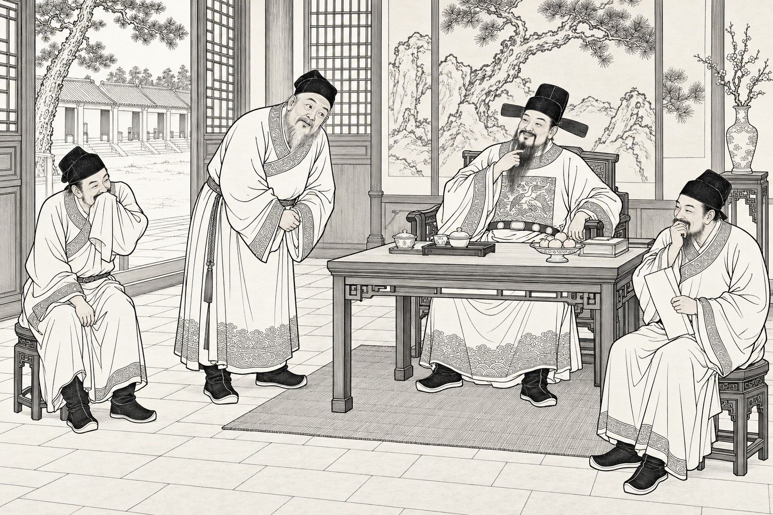 A line drawing in the manner of a late-Qing lithographed edition: In the daytime side hall of an examination compound, an official sits smiling behind a table with tea and fruit, one hand at his beard, while a bearded instructor stands with clasped hands and head tilted, and two seated colleagues, one hiding his mouth behind a sleeve and one holding a paper list, stifle their laughter before a painted pine-and-rock screen.
