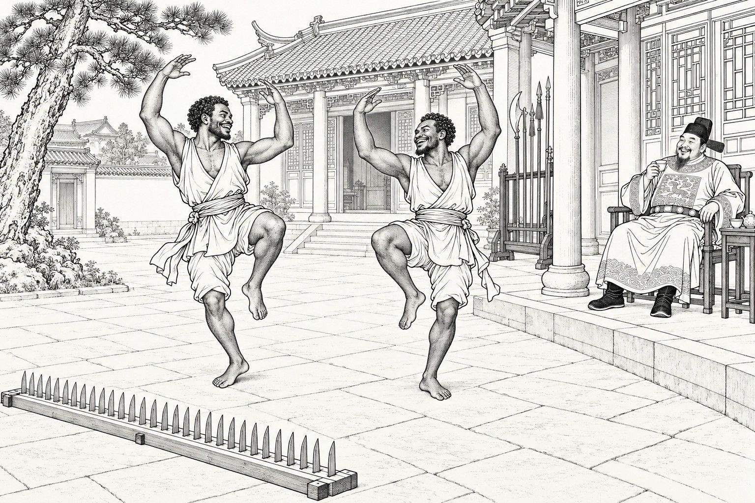 A line drawing in the manner of a late-Qing lithographed edition: on a bright spring day in the front courtyard of a commander's residence, two barefoot, strong dark-skinned men in short sleeveless tunics dance facing each other with both arms raised and one foot lifted, a row of upright blades on a wooden board lying on the flagstones beside them, while a stout bearded official in a round-collared robe sits on the veranda at the right holding a teacup and smiling, with a tiled hall, a weapon rack and a pine tree behind.
