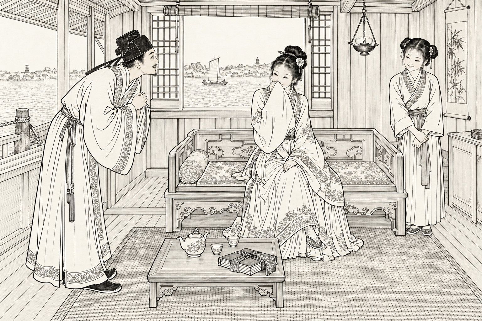 A line drawing in the manner of a late-Qing lithographed edition: in the cabin of a river boat on a late afternoon, a young woman sits on the edge of a carved couch smiling, one wide sleeve raised over her mouth and a small embroidered shoe showing at her hem, while a scholar in a soft cap bows deeply before her with hands clasped and eyes lifted, and a young maid stands behind with folded hands; a low table with a teapot, cups and a cloth-wrapped bundle of books stands on the reed mat, and through the lattice window a sailboat and the far shore are seen on the river.