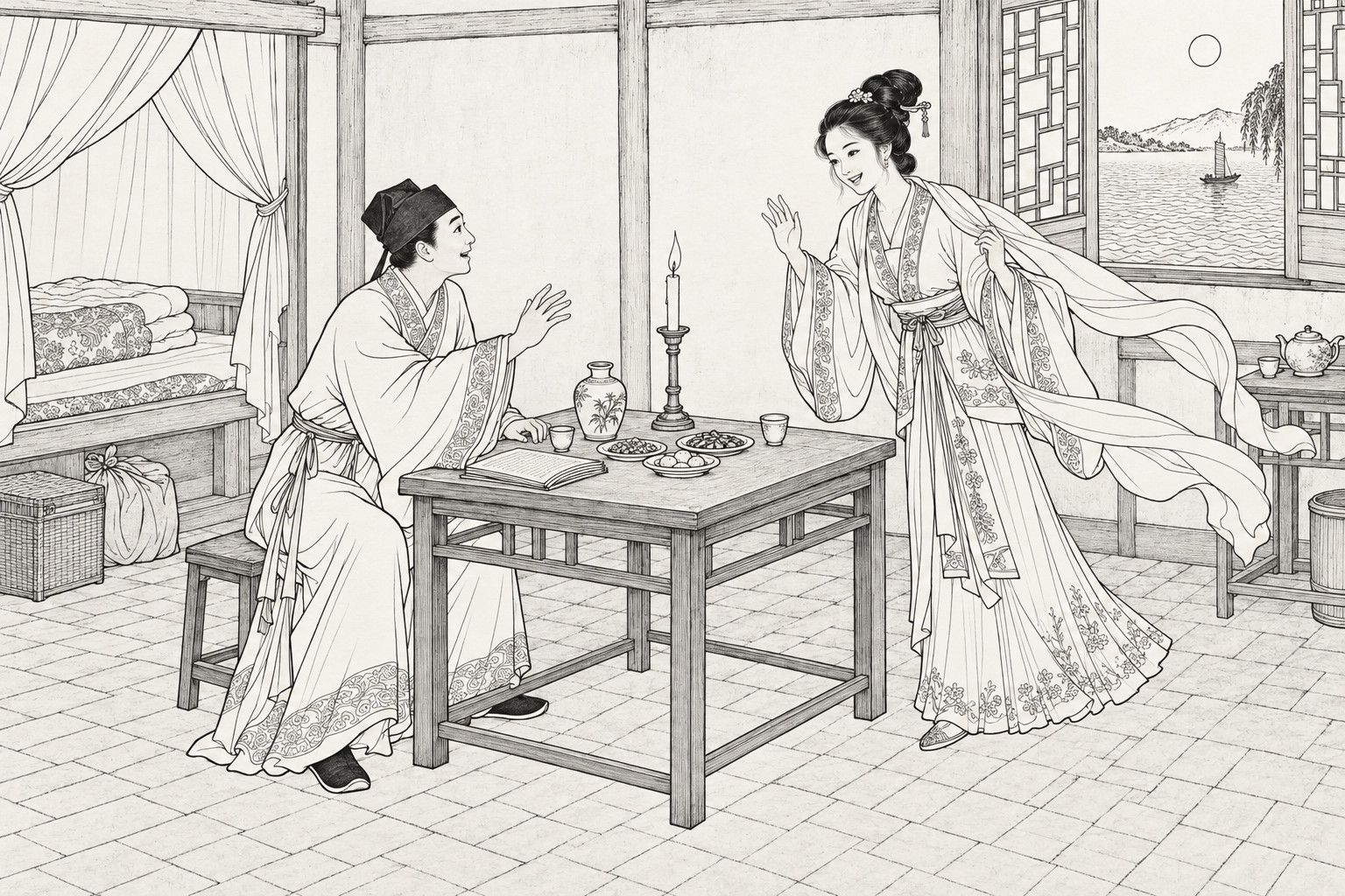A line drawing in the manner of a late-Qing lithographed edition: on a quiet night in a small lakeside village inn room, a scholar in a soft cap sits at a square table with a lit candle, wine pot, dishes and an open book, raising his hand in joyful greeting to a smiling young woman whose long scarf and wide sleeves float behind her, with a curtained bed, a book box and bundle, and a lattice window opening on the moonlit lake and a small boat.