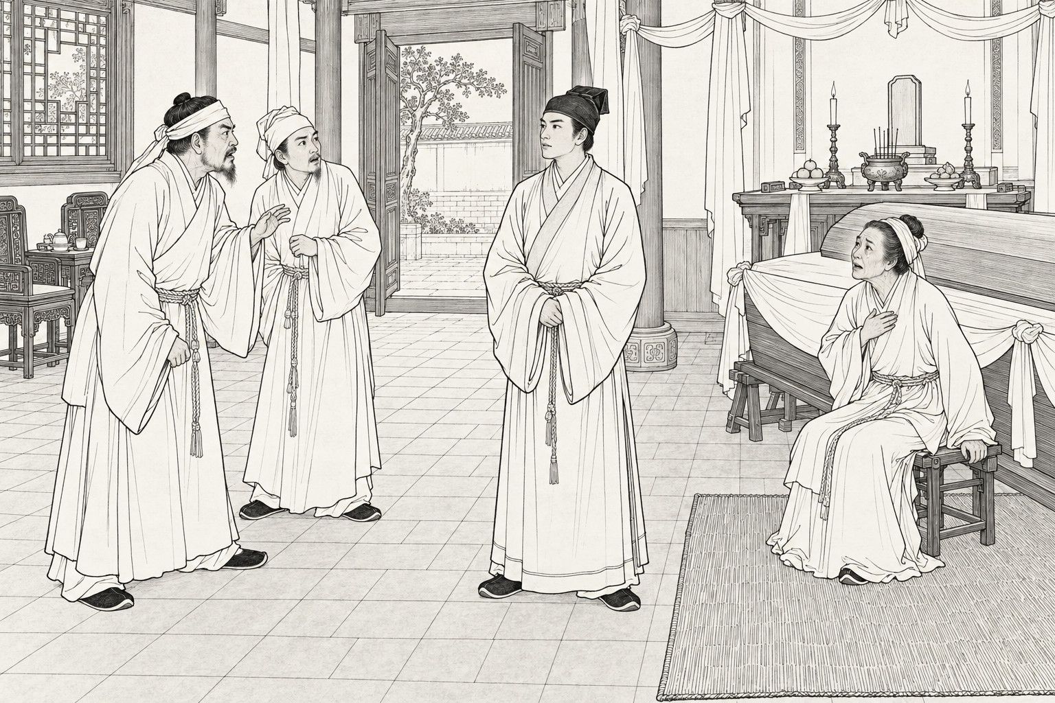 A line drawing in the manner of a late-Qing lithographed edition: in a mourning hall by day, a young scholar stands in the middle of the floor with his hands joined, while two men in white mourning dress at the left stare at him, one raising a hand in question, and an elderly widow seated on a low stool beside the coffin at the right presses a hand to her breast and gazes up at him, with an altar, candles, hanging white cloths, a lattice window and an open doorway onto a courtyard tree behind them.