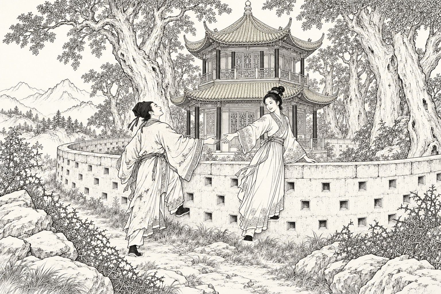 A line drawing in the manner of a late-Qing lithographed edition: on a lonely wooded mountainside at dusk, a smiling young woman with one foot in a hollow and one hand on the top of a round shoulder-high wall reaches back to a young scholar in a soft cap, who steps up from outside with his head tipped back, while a two-storey pavilion with upturned eaves rises behind the wall among great old trees, with brambles and rocks in the foreground and low peaks far off.