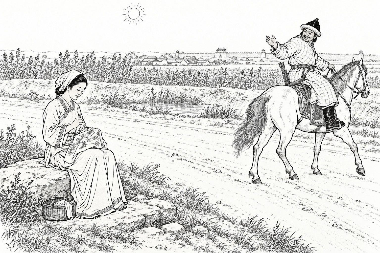 A line drawing in the manner of a late-Qing lithographed edition: on a sunny summer day beside a treeless country highway, a young countrywoman in a kerchief sits on a flat stone with a sewing basket at her feet, calmly embroidering, while a mounted soldier in a felt cap and quilted coat, riding on past, turns in the saddle with a grin and raises a hand to call out to her, with sorghum fields, a reedy puddle, distant village roofs and a city wall behind.