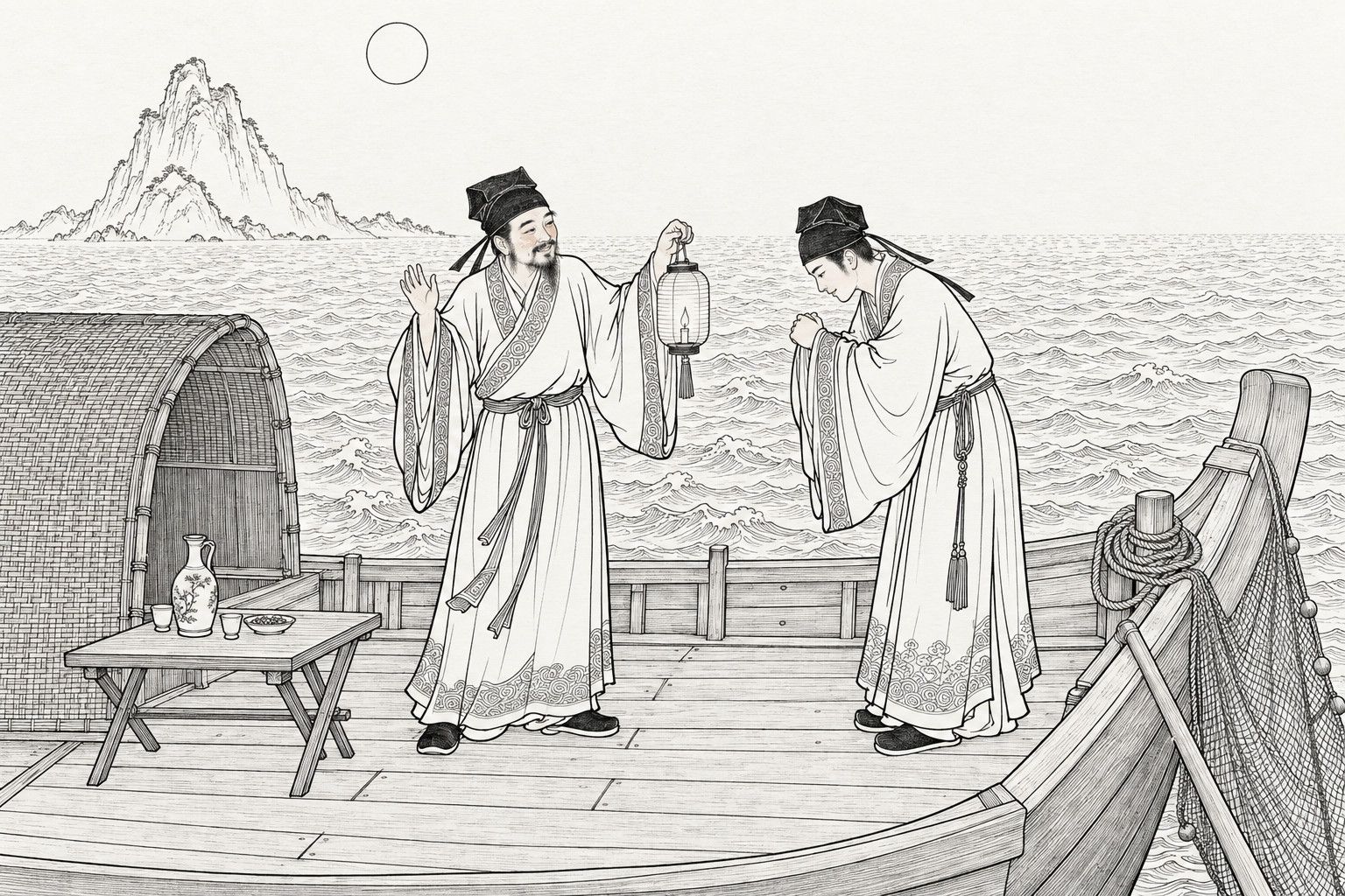 A line drawing in the manner of a late-Qing lithographed edition: on the bow of a fishing boat at night by the sea, a bearded scholar holds up a small lantern and raises his other hand in farewell while a young scholar bows with hands clasped, with a low table of wine jug and cups beneath a woven awning, a coiled rope, net and oar at the curved bow, rolling waves, a lone tall mountain in the distance and a round moon above.