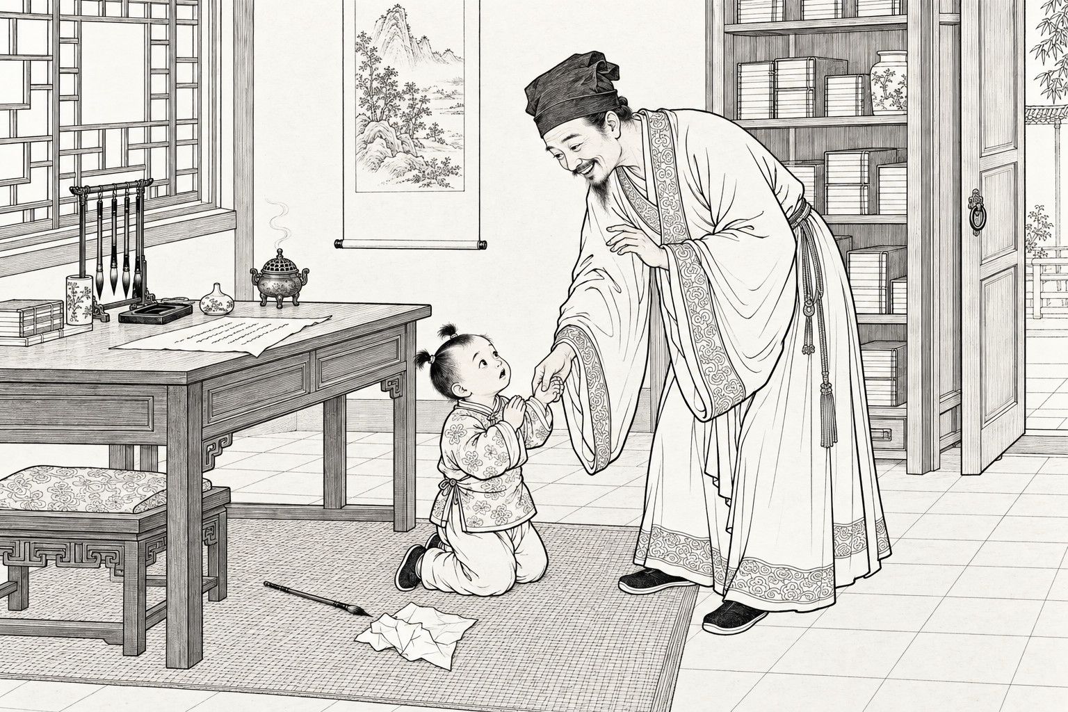 A line drawing in the manner of a late-Qing lithographed edition: in a scholar's study by day, a smiling bearded father in a soft cap and wide-sleeved gown bends down to take the hand of a small kneeling boy with two top-knots, who looks up startled with his hands pressed together, beside a writing desk with paper, inkstone, brushes and incense burner, with a bookshelf, a hanging scroll and a latticed window behind them.