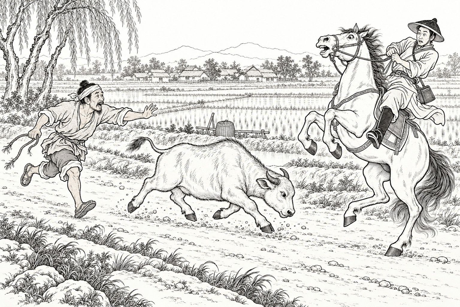A line drawing in the manner of a late-Qing lithographed edition: on a dirt road through daytime rice fields, a young water buffalo charges head-down at a passing post-rider whose horse rears up, while a barefaced countryman in a headband runs after it with a broken rope and an outstretched arm, with willows, flooded paddies, a thatched village and low hills behind.