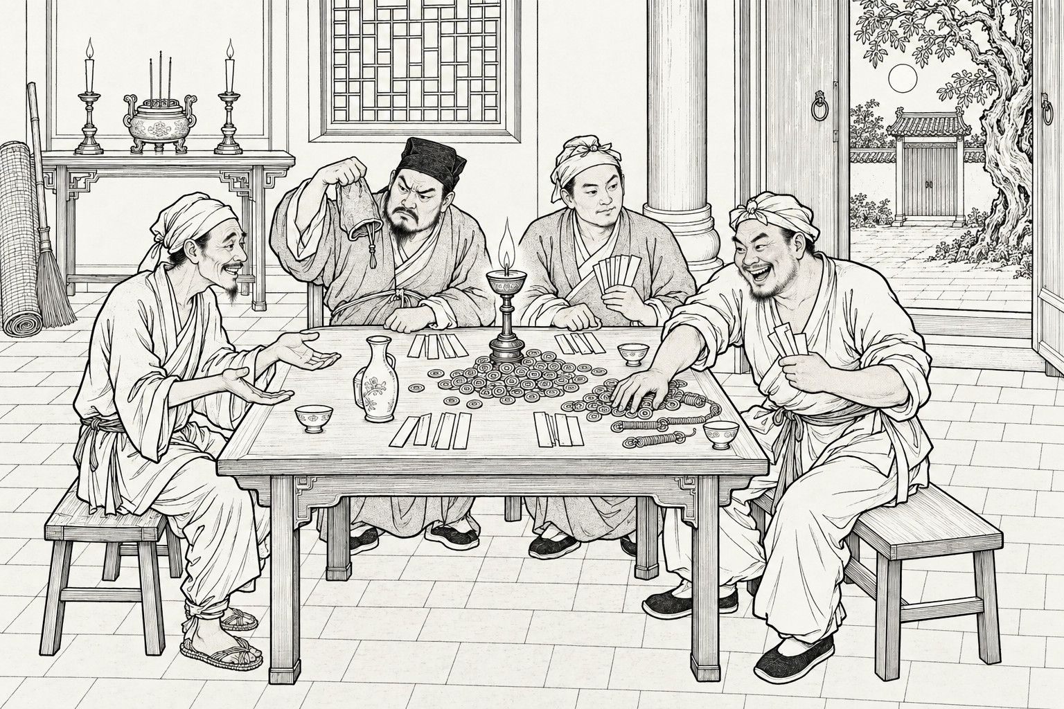 A line drawing in the manner of a late-Qing lithographed edition: on a moonlit night in the side hall of a village temple, four villagers in head-cloths sit round a square table lit by one oil lamp, where a heap of copper cash and long narrow cards lie; a laughing man at the right rakes the coins toward himself, a thin man at the left spreads his empty hands with a rueful grin, a sulky man behind holds an empty purse upside down, and a calm fourth man holds his cards, with an altar table, a lattice window and an open door onto a moonlit yard with an old tree behind them.