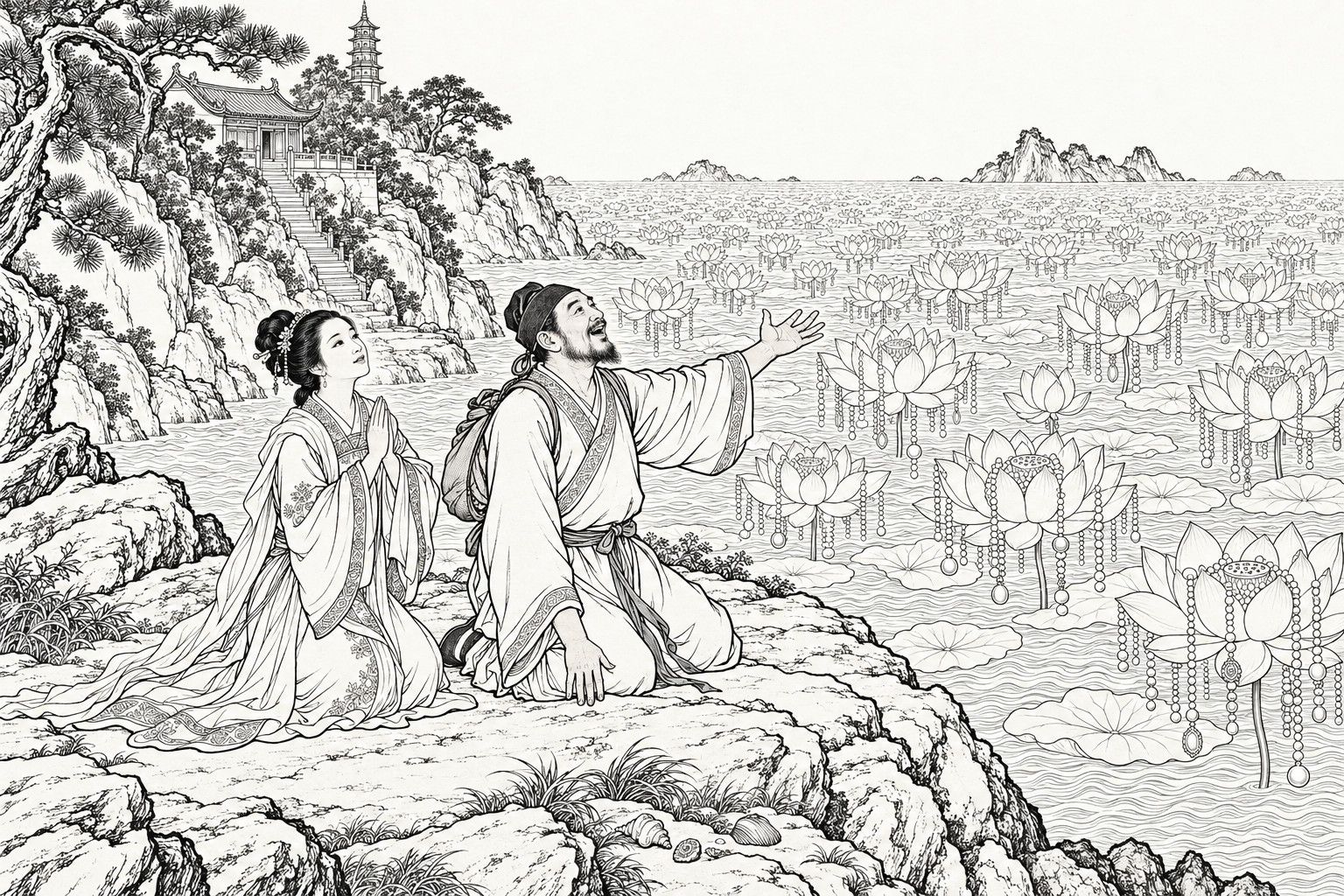仿清末石印本的線描：白晝海岸礁石上，一位揹著行囊的短鬚旅人直身跪地、一臂伸向前方仰面驚呼，身旁長衫女子雙手合十跪望，面前滿海盛開的蓮花上垂掛著串串珠玉，左側松坡石階之上有小寺與寶塔，遠處海平線上立著幾座礁島。