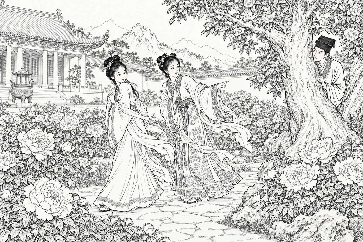 仿清末石印本的线描:有大殿、香炉和盛开牡丹畦的山中道观庭院里,两位梳着带首饰发髻、披着长长披帛的年轻女子沿石径走着,一位惊讶地指向一棵开花的大树,另一位半转过身,手按在胸前;树干后,一个戴方巾的青年书生探出身来偷看;背后是远山。