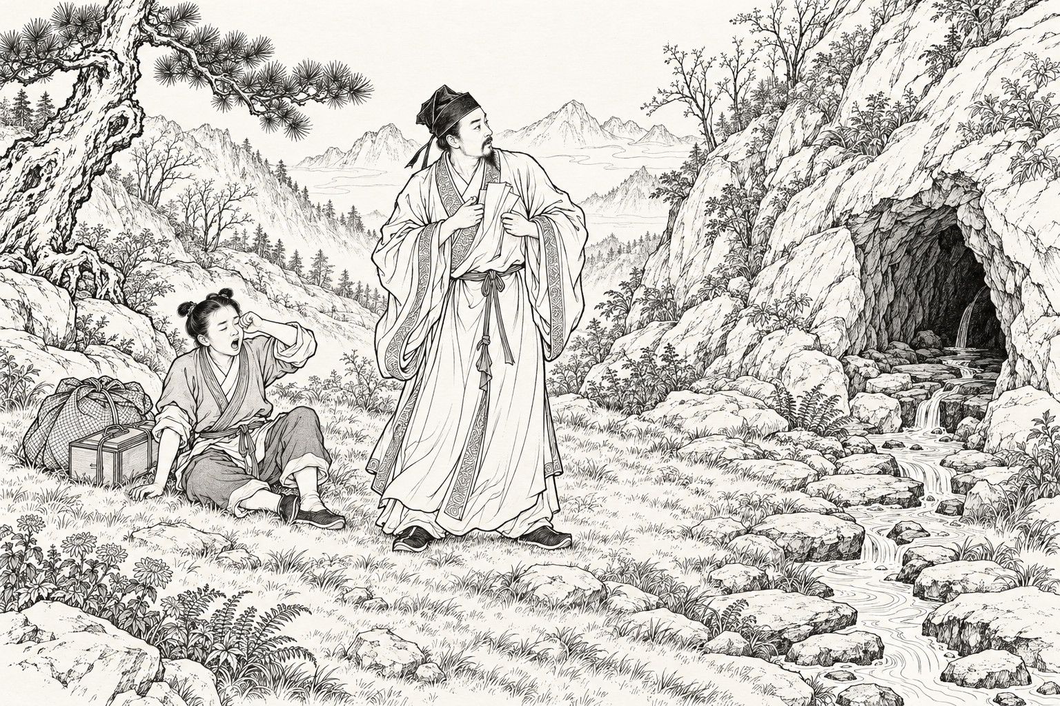A line drawing in the manner of a late-Qing lithographed edition: on a bright autumn morning in a mountain valley, a scholar in a wide-sleeved gown stands drawing folded papers from his robe and looks toward a small cave with a thin stream trickling out, while a young servant sits on the grass rubbing his eyes beside a travelling bundle and book box, with an old pine, rocks and distant peaks around them.