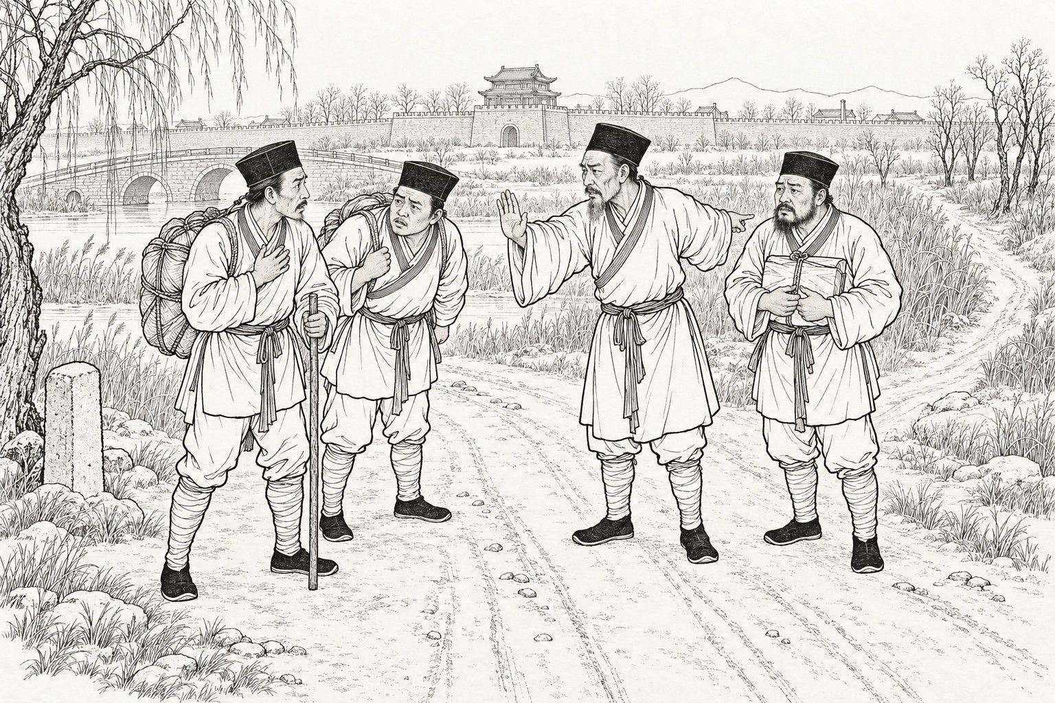 仿清末石印本的線描：冬日白天，城郊野外大路上，兩個揹著行囊的差役，一人拄杖、手按胸口，一人前傾傾聽，驚疑地面對兩個公差裝束的人；其中一人舉掌勸阻並指向岔路，另一人雙手抱著布包的公文，背後有垂柳、路邊石樁、石拱橋、枯葦和帶城樓的城牆。