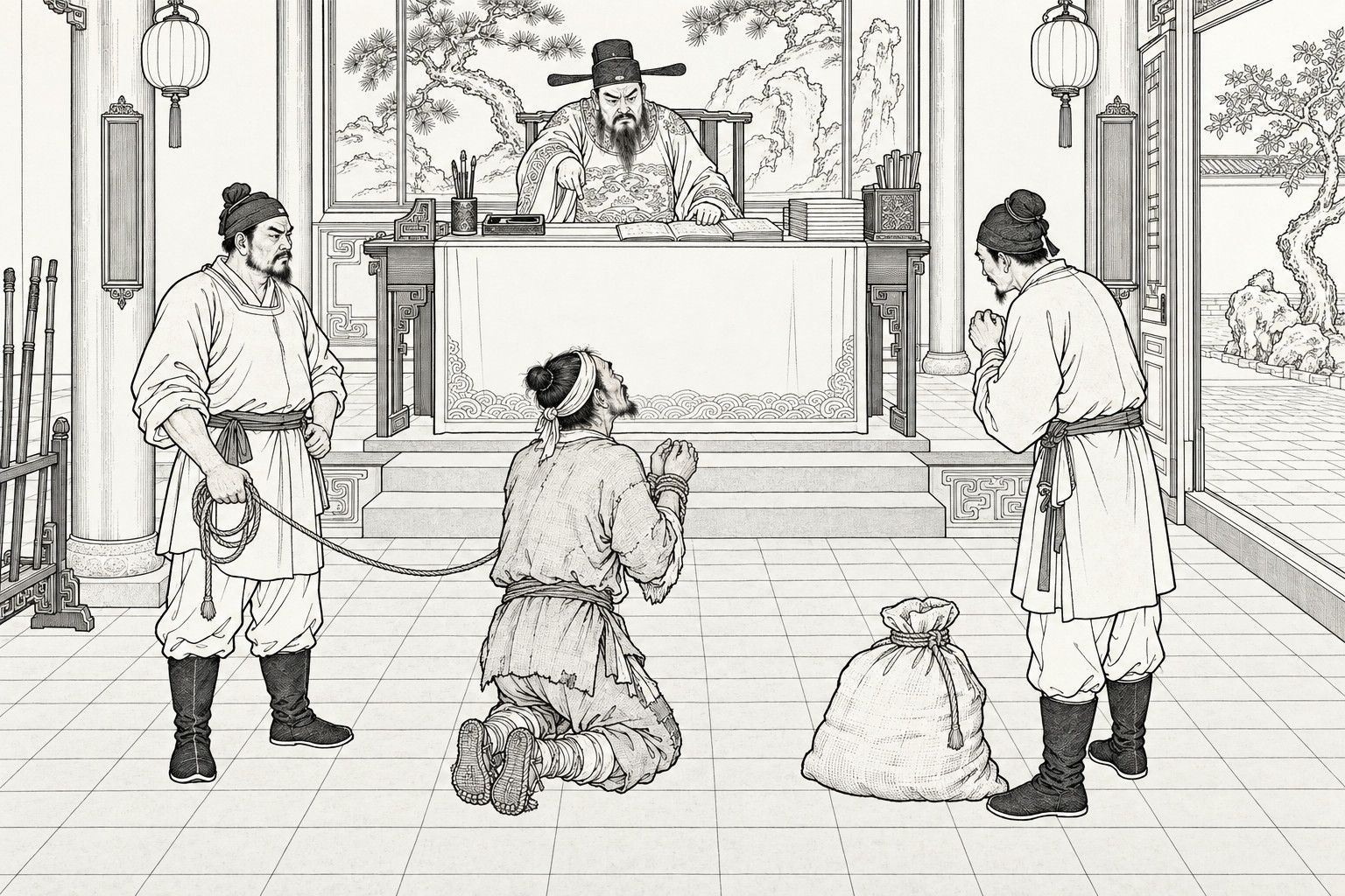 A line drawing in the manner of a late-Qing lithographed edition: in the main hall of a government office, a stern bearded judge in an official's cap sits behind a tall desk on a dais, pointing down at a bound, ragged salt peddler who kneels on the brick floor with his face raised in appeal, while one runner holds the rope and another bows with clasped hands beside a tied sack of salt, with a pine-and-rock screen, lanterns, pillars and a courtyard doorway around them.