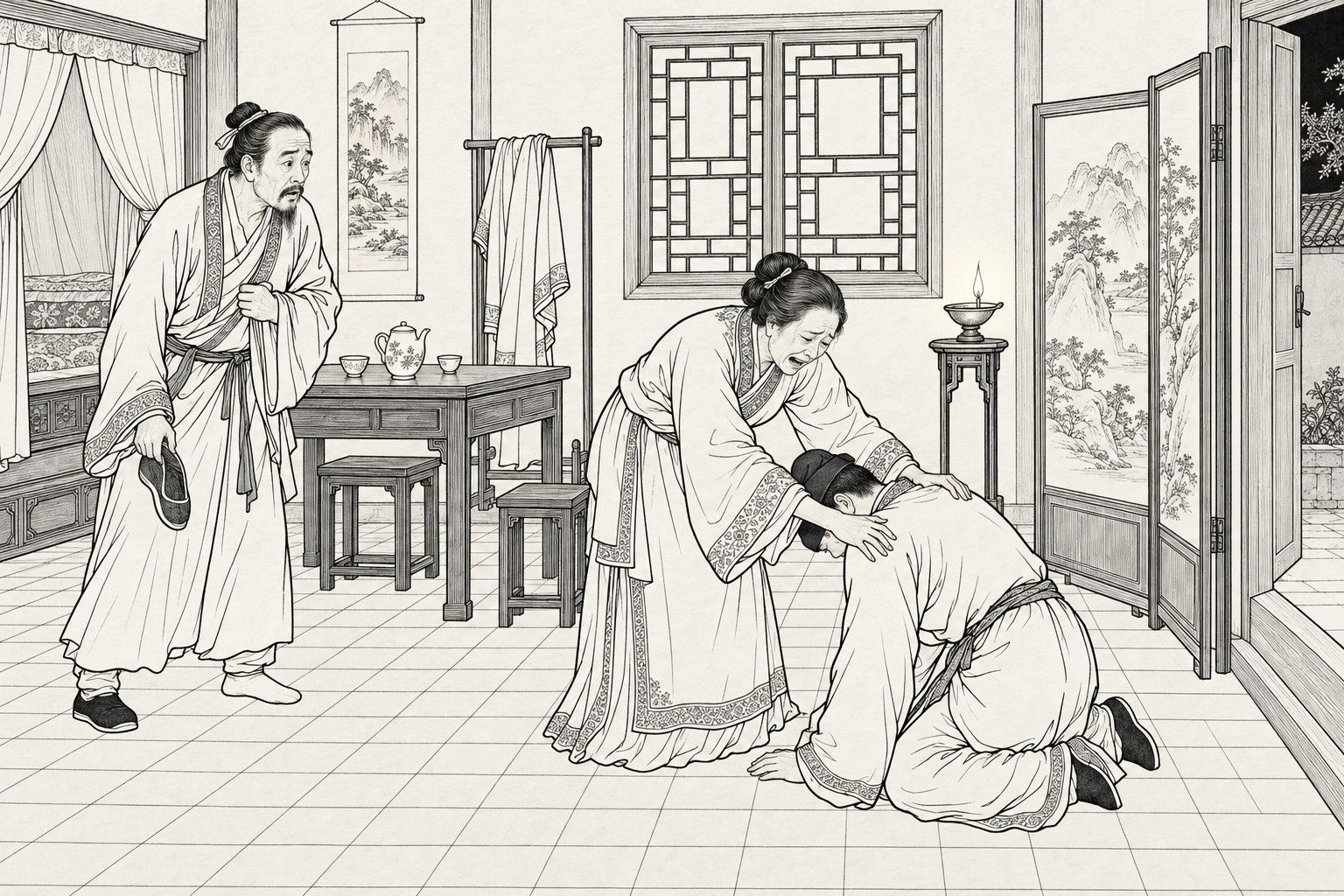A line drawing in the manner of a late-Qing lithographed edition: at night in the outer room of a house, a young man in plain clothes kneels with his head bowed to the brick floor while an older woman bends over him with both hands on his shoulders, crying out, and a half-dressed middle-aged man at the left, one shoe in his hand, looks on bewildered, with a bed, a lattice window, a lamp stand, a table with a teapot and a landscape screen around them.