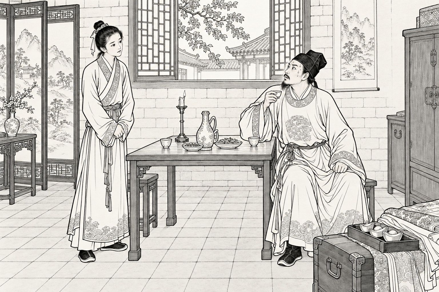 A line drawing in the manner of a late-Qing lithographed edition: in a brick-walled inn room at daybreak, a bearded young gentleman in a soft cap and wide-sleeved gown sits at a table holding a wine cup and looks up in shock with sweat on his brow, while a slender youth with a topknot stands before him with folded hands, beside a wine pot, candle and dishes, with a lattice window, painted screen, clothes chest, and a trunk holding silk and silver ingots around them.