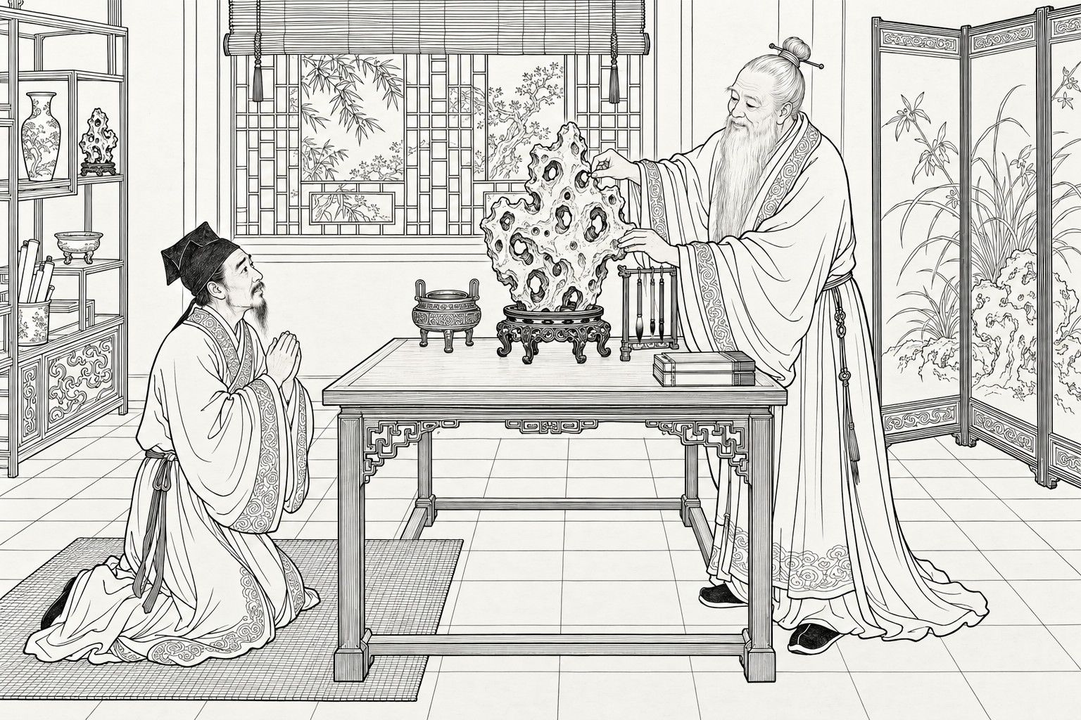 A line drawing in the manner of a late-Qing lithographed edition: in a study with a bamboo window and screen, a white-bearded old man stands at a table and pinches one hole of a pierced, craggy rock that stands on a carved wooden stand; a scholar kneels on a mat before the table with palms pressed together, gazing up at him in awe.