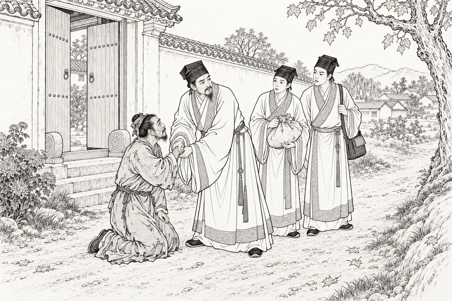 仿清末石印本的线描:秋日白昼,乡镇人家门外的土路上,一位衣衫破旧、满面泪痕的风尘旅人直身跪地,戴方巾的中年书生握住他的手要扶他起来,身后两名年轻书生一个捧着包袱、一个背着书袋,诧异地望着,旁有半开的钉门、石鼓、菊花、秋树和远处的村舍低山。