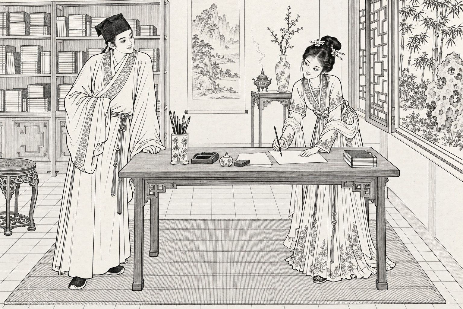 A line drawing in the manner of a late-Qing lithographed edition: in a scholar's study by day, a young scholar in a soft cap and wide-sleeved gown stands at one side of a broad desk smiling, while a young woman with a high hair coil and a long scarf leans over the desk, pressing a sheet down and writing on it with a brush, with a bookshelf, a hanging landscape scroll, a plum vase, a lattice window onto bamboo and rock, and a rush mat around them.