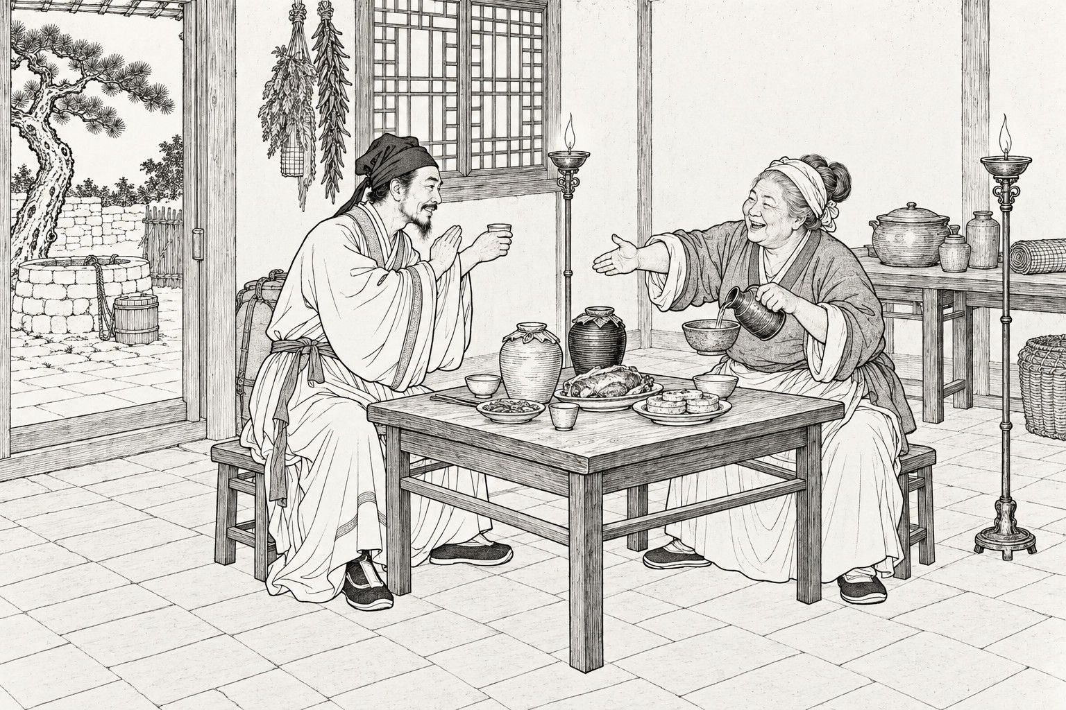 A line drawing in the manner of a late-Qing lithographed edition: on a night in a mountain house, a bearded traveller in a headcloth and wide-sleeved robe sits at a low square table, cup in one hand and the other raised in thanks, while a stout laughing old woman across from him pours wine into a bowl and holds out a hand to urge him on; wine jars, roast meat and cakes stand on the table, tall oil lamps, a lattice window with hanging herbs and a side table with pots fill the room, and a doorway at the left shows a courtyard well and a gnarled pine.