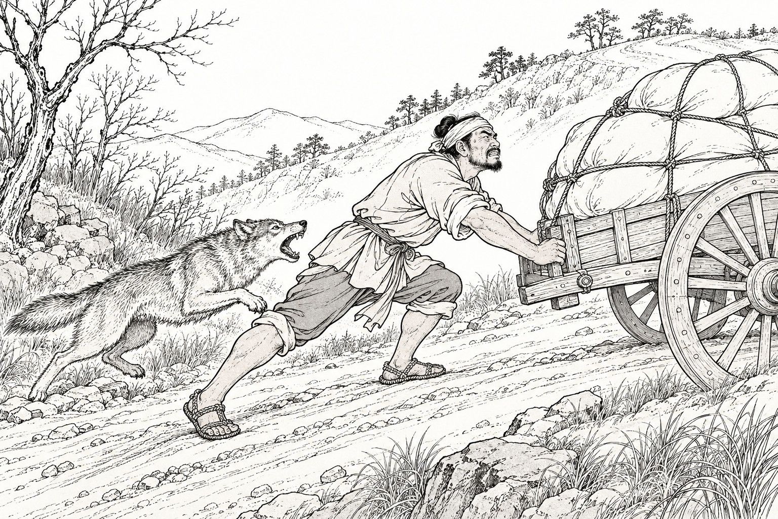 A line drawing in the manner of a late-Qing lithographed edition: on a daytime country road climbing a bare autumn slope, a headcloth-wrapped carter with rolled sleeves and trouser legs bends forward with gritted teeth, pushing a two-wheeled cart piled with roped sacks, while a wolf springs up the slope behind him with open jaws, among dry grass, rocks, bare trees and distant hills.