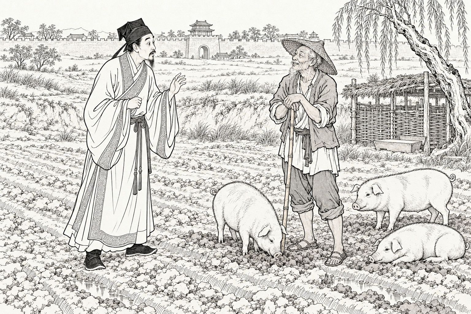 A line drawing in the manner of a late-Qing lithographed edition: on a clear day on bare, freshly turned clay fields south of a walled town, a scholar in a square cap and wide-sleeved gown raises one hand in startled surprise as a smiling old swineherd in a straw hat leans on a bamboo switch beside three pigs, with a wattle sty, a willow and a distant city wall and gate tower behind.