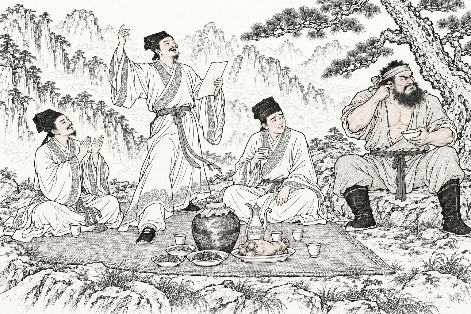 仿清末石印本的線描：白晝山間巖臺上，一位書生手持文稿、高舉一手站著朗誦，一位書生坐著拍手稱賞，另一位書生手持酒杯坐在席上；右側岩石上，裹頭巾的絡腮鬍大漢一手端碗、一手掏耳，滿臉不耐，席上擺著酒罈、豬蹄和杯盤，背後是老松、峭壁和雲霧。