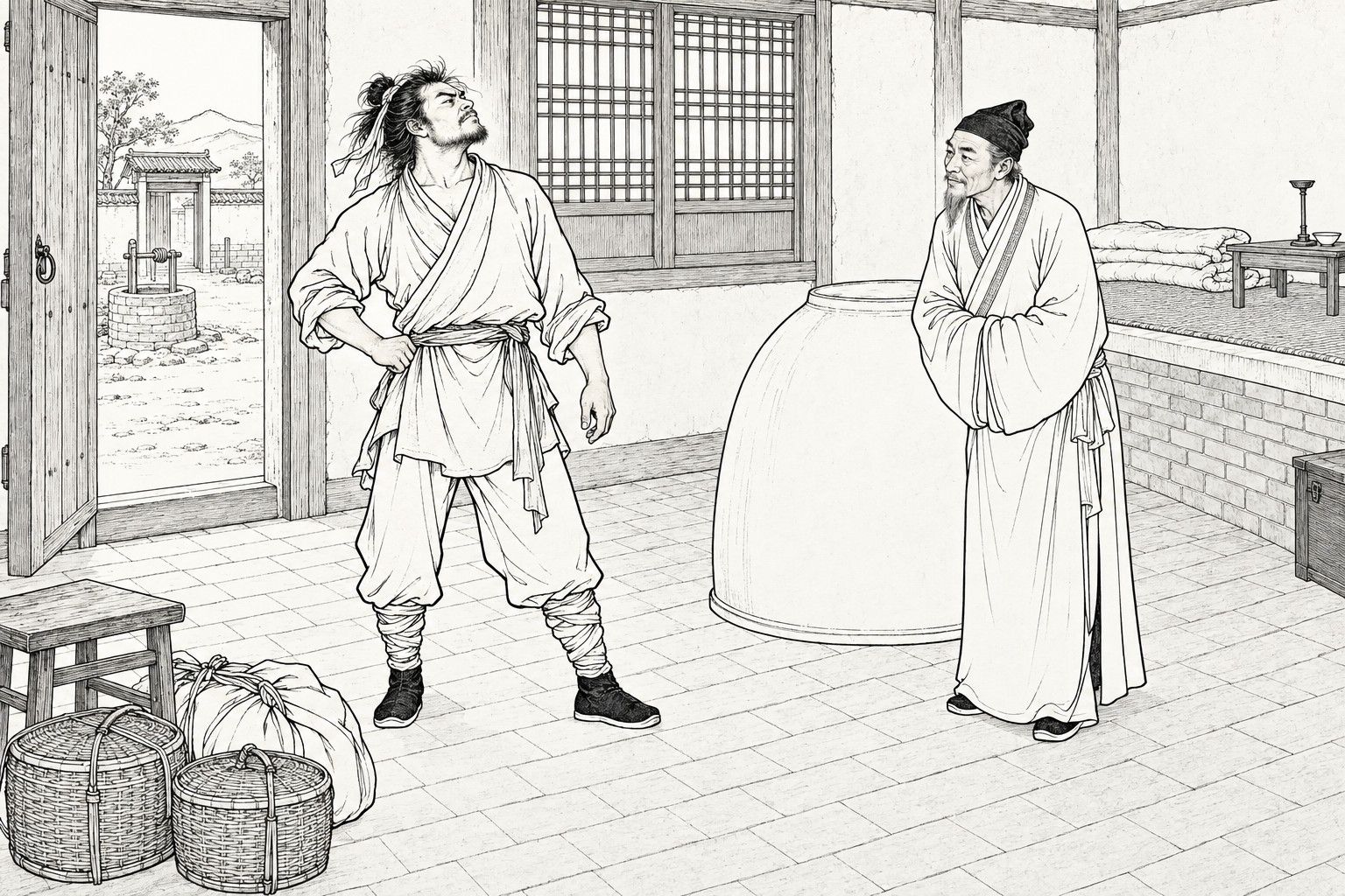 A line drawing in the manner of a late-Qing lithographed edition: in the daytime guest room of a country inn, a rough, wild-haired man in a short belted jacket and bound trousers stands just inside the open door with one hand on his hip, head thrown back as he sniffs the air, while an elderly innkeeper in a soft cap and long gown stands with hands tucked in his sleeves beside a huge upturned earthenware jar, with a lattice window, a brick kang, a stool, a bundle and bamboo baskets around them.