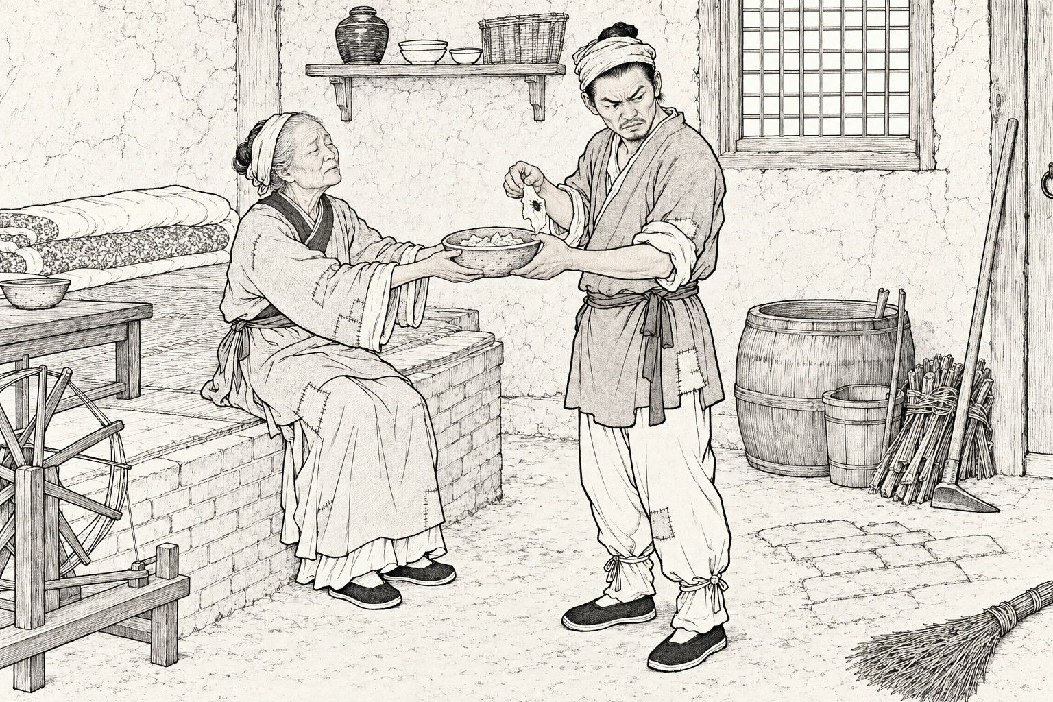 A line drawing in the manner of a late-Qing lithographed edition: In the daytime main room of a poor mountain farmhouse, a blind old woman with closed eyes sits on the edge of a brick sleeping platform and holds out a bowl of dough pieces, while her frowning son in a head-wrap and patched clothes holds the bowl and lifts a torn piece with an insect in it, with a spinning wheel, a water barrel, firewood, a hoe and a broom around them.