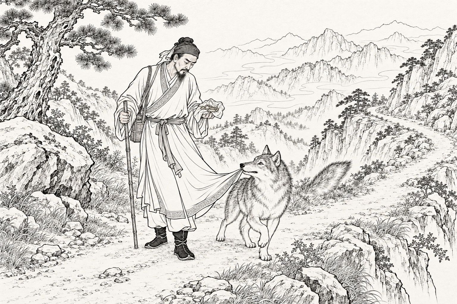 A line drawing in the manner of a late-Qing lithographed edition: on a daytime mountain road in autumn, a bearded travelling doctor in a head-wrap and long gown, with a staff and a medicine box on his shoulder, looks down at a cloth bundle of gold ornaments in his open hand while a gentle wolf tugs at his hem, with a gnarled pine, rocks and misty ridges behind.