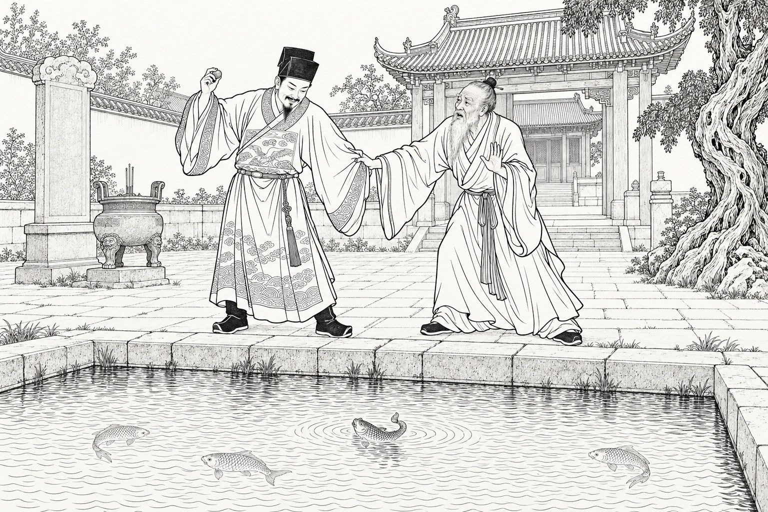 A line drawing in the manner of a late-Qing lithographed edition: on a bright day in the forecourt of a country shrine, a bearded scholar in a wide-sleeved gown and square cap smilingly raises a pebble beside a stone-rimmed pool, while an anxious old Daoist with a topknot and long white beard clutches his sleeve and holds up a palm to stop him, with fish and one crooked-tailed fish at the surface, an incense burner, a stone tablet, a twisted old cypress and the tiled shrine gate behind.