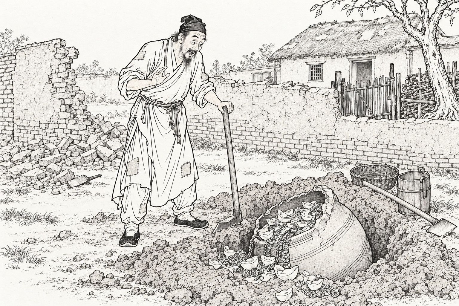 A line drawing in the manner of a late-Qing lithographed edition: by day in the yard of a run-down country house, a poor middle-aged scholar in a patched gown and soft cap leans on a mattock with one hand and raises the other in amazement, staring down at a cracked earthenware vat half-buried in the loose earth and heaped with silver ingots and strings of coins, with a crumbling brick wall, a thatched cottage and an old tree behind him.