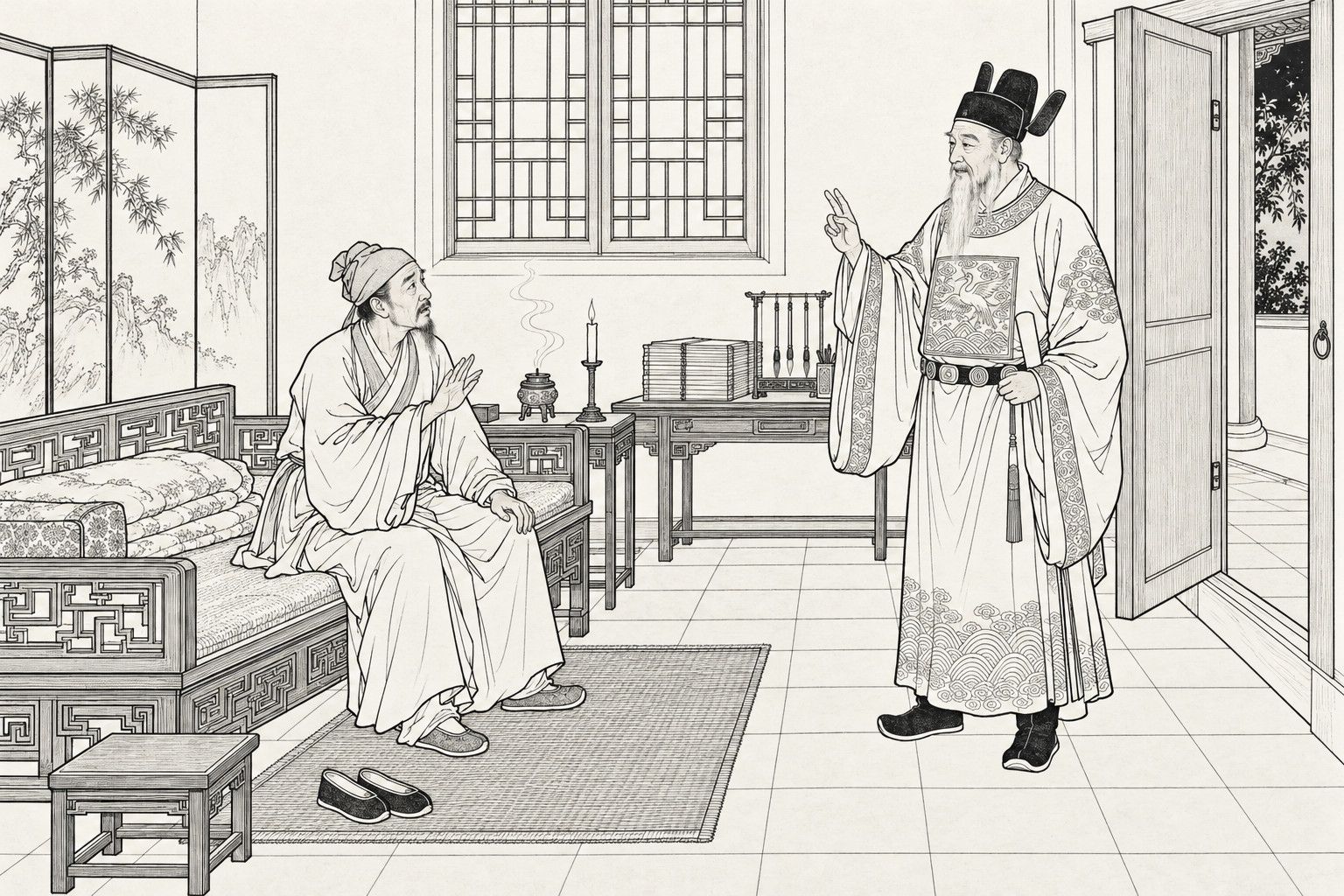A line drawing in the manner of a late-Qing lithographed edition: at night in a quiet bedchamber of an official residence, a lean bearded man in a plain house gown and soft cap sits on the edge of a carved couch with one hand raised in question, while a white-bearded elderly official in a winged black cap and embroidered round-collared robe stands by the half-open door and lifts two fingers as he speaks, with a folding screen, a lattice window, a burning candle and incense burner, and a desk of books and brushes around them.