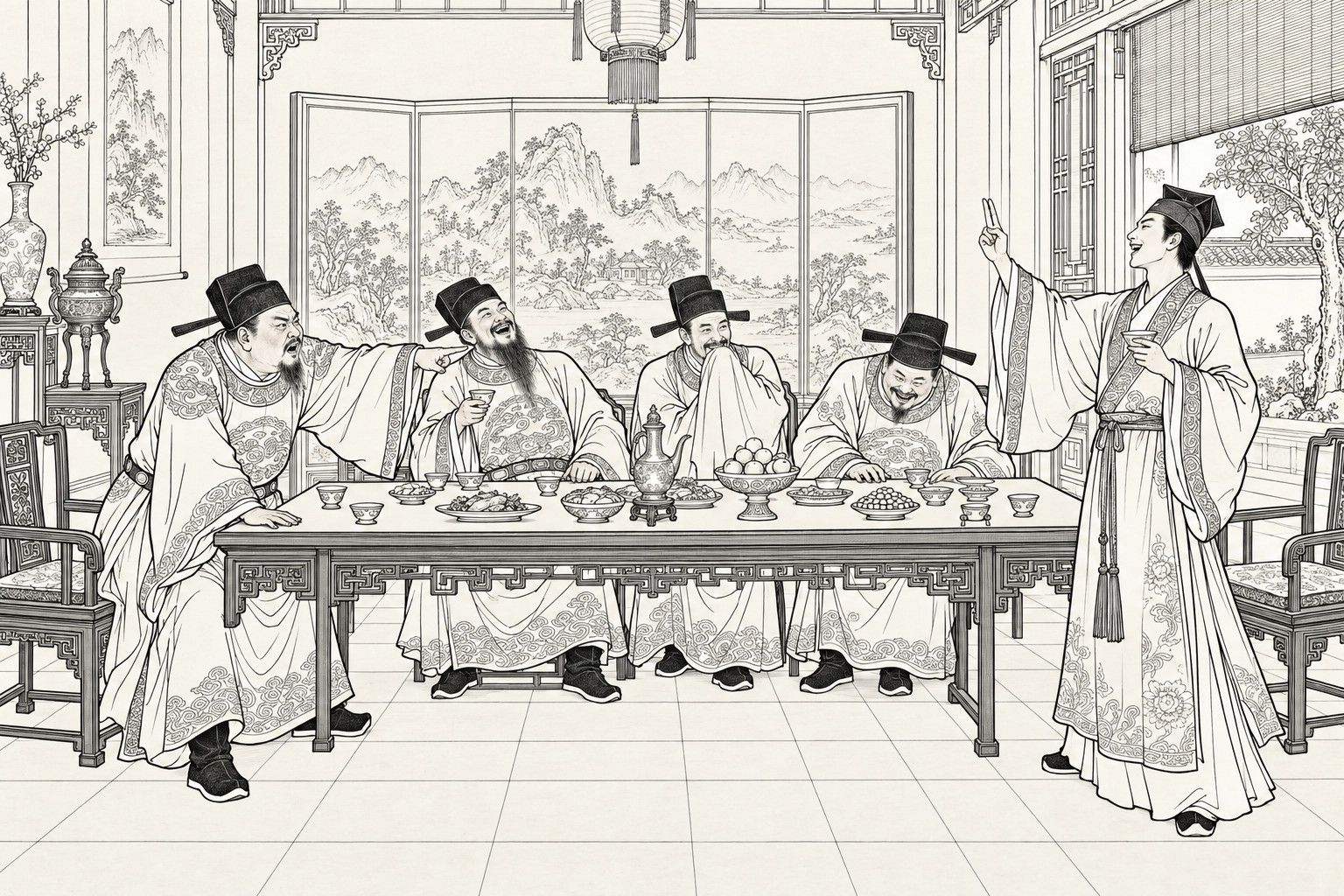 A line drawing in the manner of a late-Qing lithographed edition: In the banquet hall of an official residence, four seated officials in black caps sit behind a long table laden with cups, dishes and fruit, three of them laughing and one hiding his mouth behind his sleeve, while the stout host at the left end leans over the table and points angrily at a young scholar who stands at the right end with a wine cup and two raised fingers, before a landscape folding screen, a hanging lantern and a bamboo blind.
