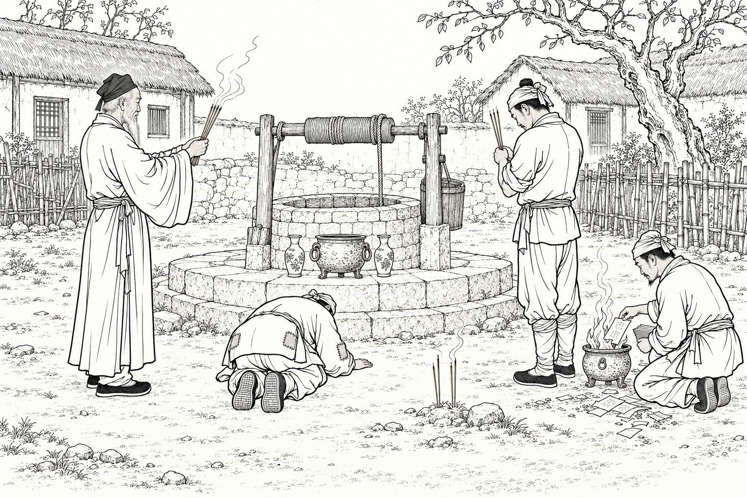 A line drawing in the manner of a late-Qing lithographed edition: by day in a village yard beside an old stone well with a windlass frame, an elderly man in a long gown holds up burning incense, a farmer kneels and bows his head to the ground, a second villager stands holding incense, and a third kneels to feed paper money into a small burning pot, while a bronze vessel with ring handles and two porcelain vases sit on the well platform before thatched houses, a bare tree and a bamboo fence.
