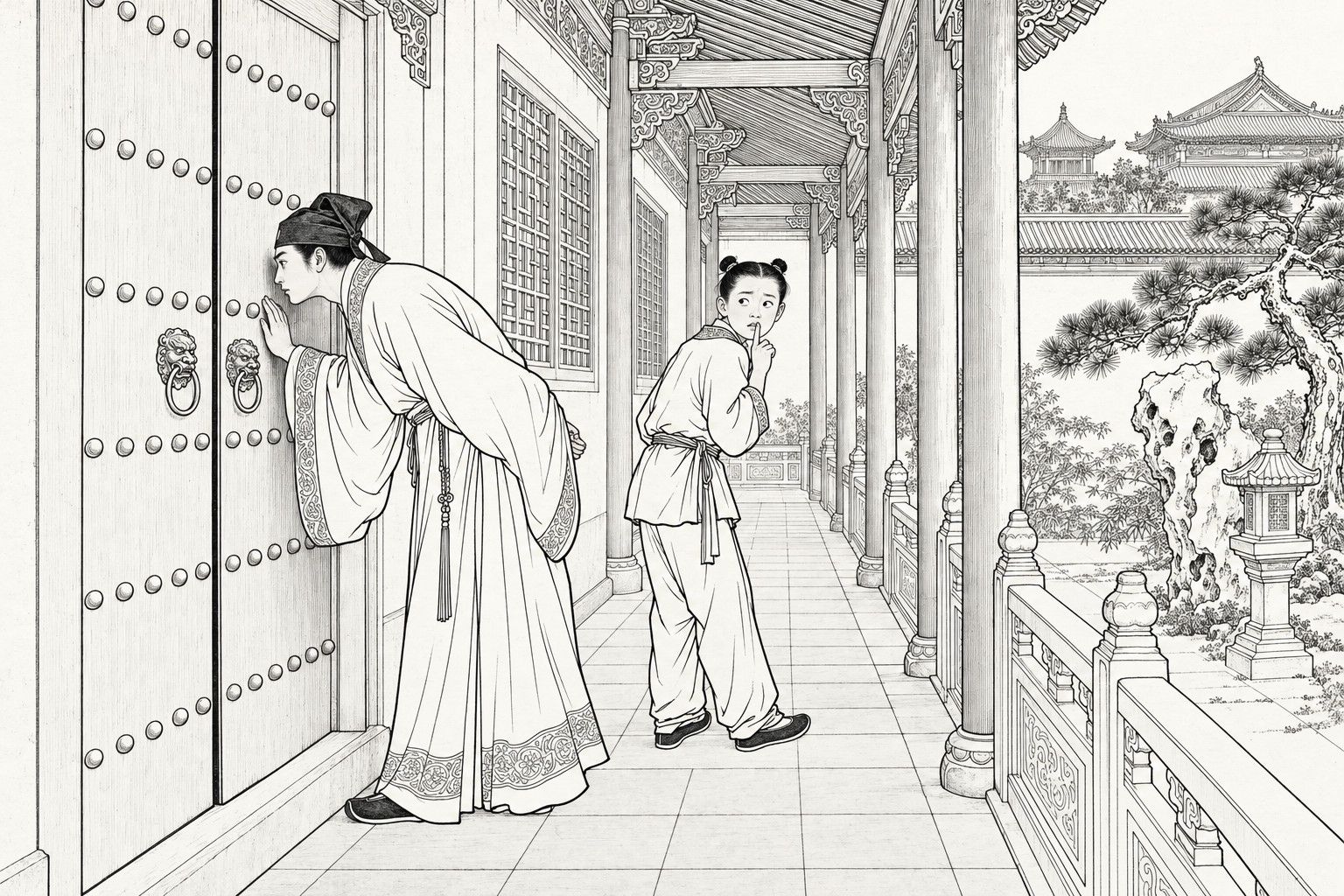 A line drawing in the manner of a late-Qing lithographed edition: by day at the end of a covered corridor in a grand mansion, a young scholar in a soft cap and wide-sleeved gown bends forward with one hand on a tall studded double door and an eye to the crack, while a young houseboy with two topknots raises a finger to his lips and glances back along the corridor, with a carved balustrade, an old pine, a garden rock, a stone lantern and distant tiled roofs beyond.