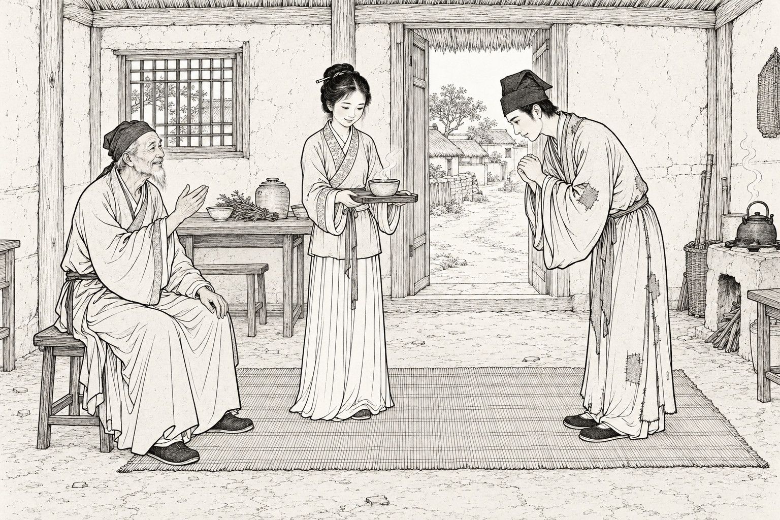 A line drawing in the manner of a late-Qing lithographed edition: inside a plain thatched country house by day, a smiling old man sits on a stool raising one hand, a young girl stands in the middle offering a steaming bowl on a tray, and a thin young scholar in a patched gown bows to them with clasped hands, with a window, a table with jars and twigs, a clay stove and kettle, a rush mat and a village lane seen through the open door.