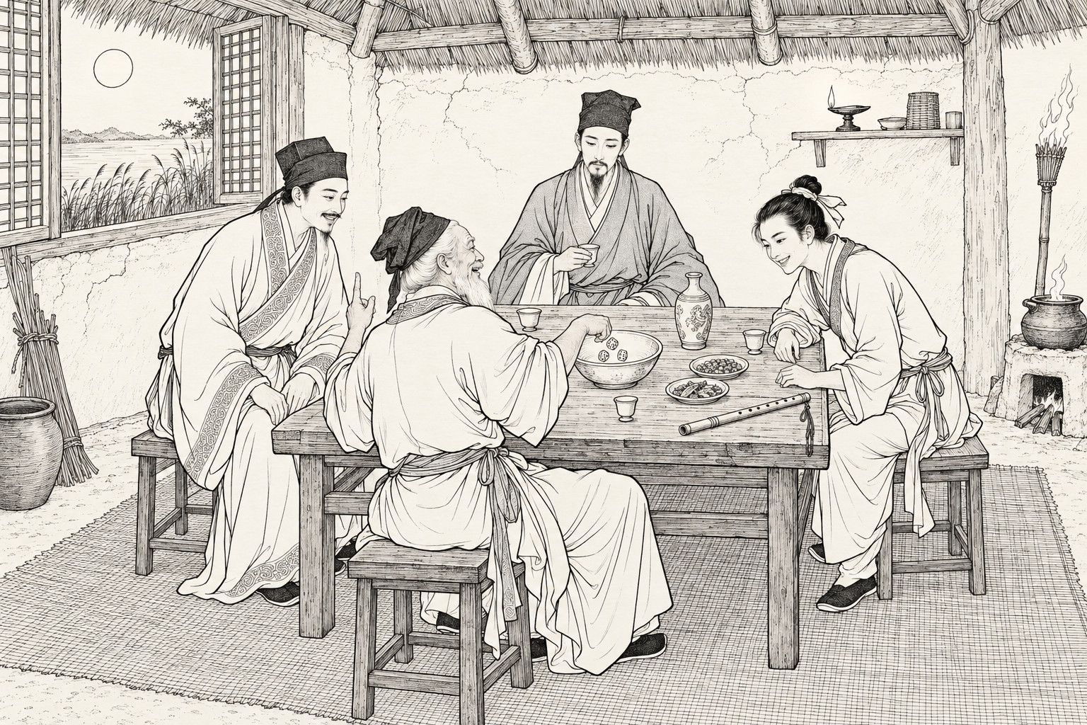 仿清末石印本的線描：月夜茅屋之內，白鬚老叟背向而坐，在木方桌上擲骰入碗，另三人圍坐觀看，一人含笑，一人手持酒杯靜坐上座，一少年伏桌而笑，桌上有酒壺、小菜和橫笛，右側有葦炬和灶火，窗外可見蘆葦與圓月。
