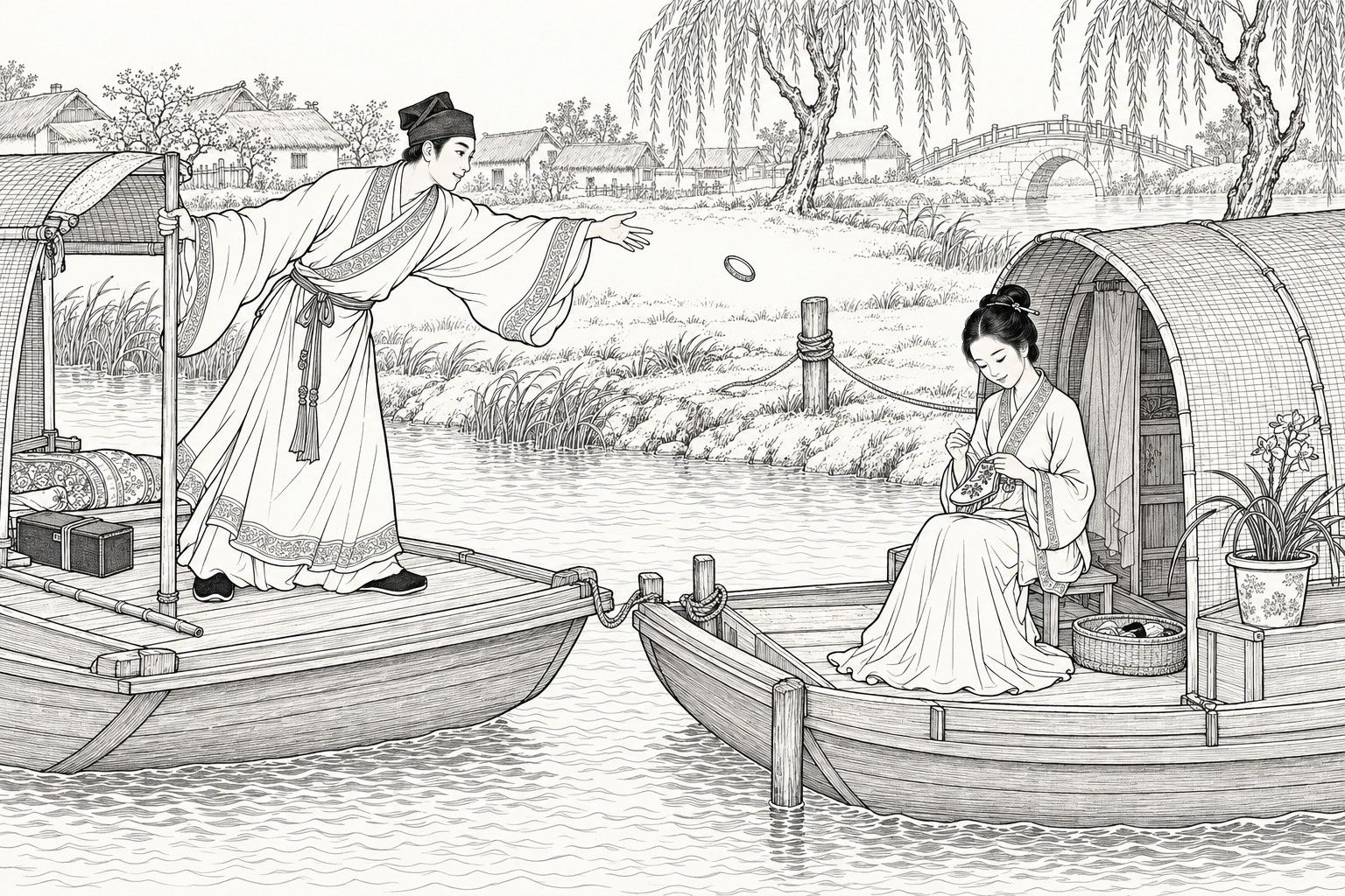 A line drawing in the manner of a late-Qing lithographed edition: on a spring day beside a willow-lined river bank, a young scholar in a soft cap and wide-sleeved gown stands at the bow of one moored boat, leaning forward with arm outstretched as a small ring-shaped bracelet hangs in the air, while on the neighbouring boat a young woman sits at the mouth of the matting-roofed cabin with her head bowed over her embroidery, with thatched cottages and a stone arched bridge in the distance.