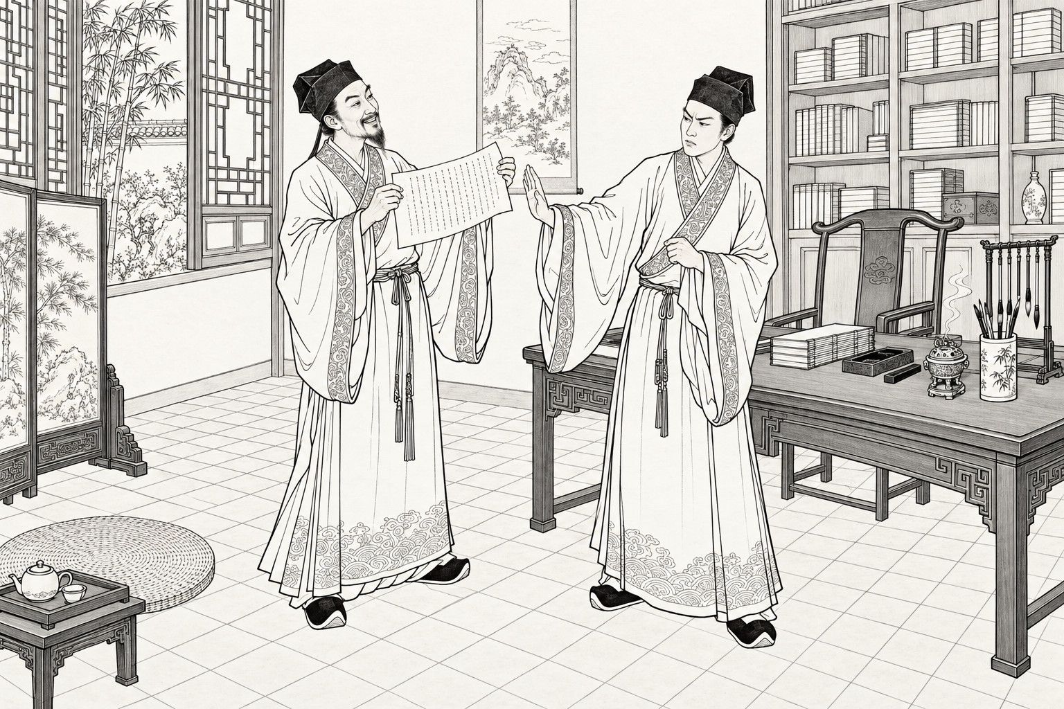A line drawing in the manner of a late-Qing lithographed edition: In a county office study by daylight, a bearded older secretary smiles and holds up a written sheet in both hands, while a younger clean-shaven secretary frowns and pushes it away with a raised palm, beside a writing desk with brushes and books, a bookshelf, a lattice window with bamboo, and a screen.