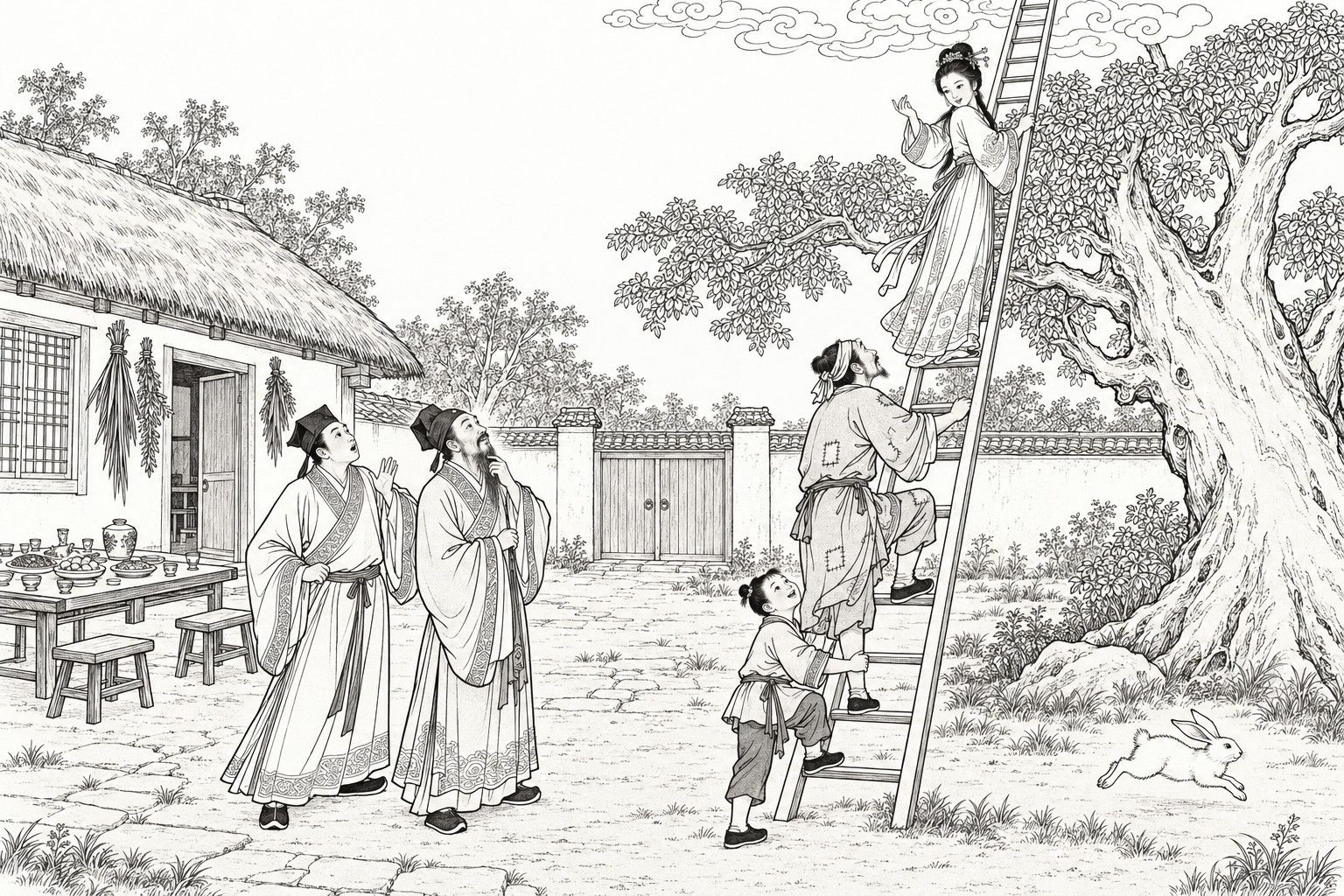 A line drawing in the manner of a late-Qing lithographed edition: in a village courtyard by a thatched house on a festival day, a smiling woman stands high on a tall ladder leaning beside a big tree and beckons, a poor man in a patched gown climbs after her, a young servant boy grips the foot of the ladder, two scholars on the ground look up in astonishment beside a table set with dishes and wine, and a white rabbit leaps across the yard.