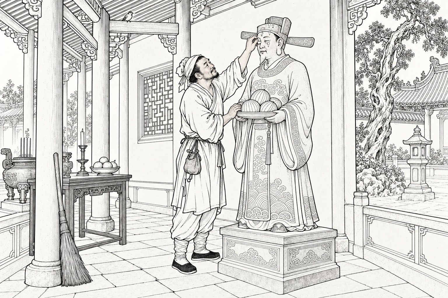 A line drawing in the manner of a late-Qing lithographed edition: in the covered gallery of a City God's temple by day, a countryman in a head-wrap and short gown reaches up to scrape bird droppings from the brow of a clay official statue that holds a tray of melons on a stone plinth, with a lattice window, offering table, incense burner, broom, a sparrow on the beam, and a gnarled cypress in the courtyard beyond.